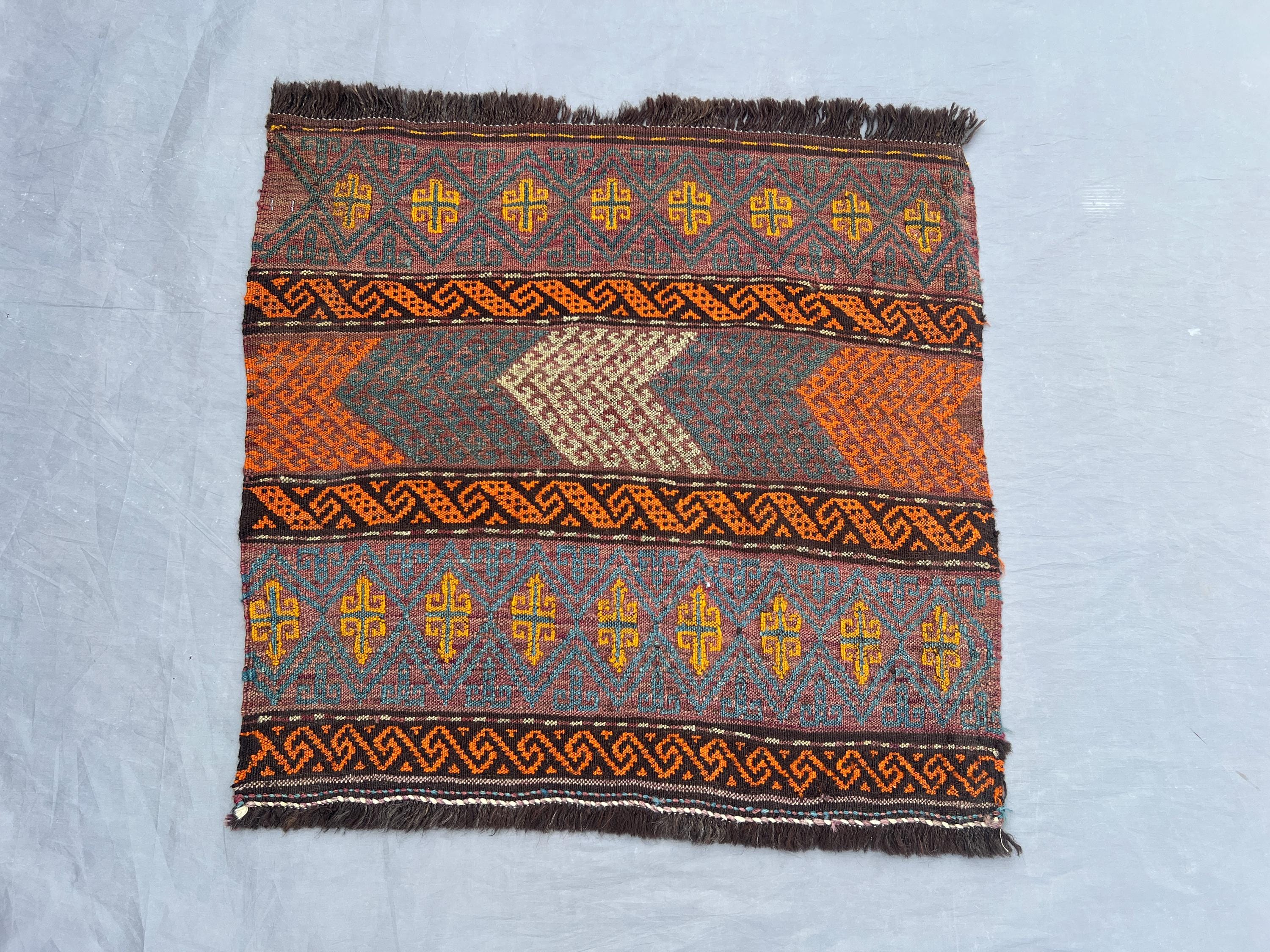 2.2 x 2.4 ft Afghan Sumak Kilim, Hand Woven Flat Weave Tribal Wool Rug, Brown Orange Geometric Design, One of 