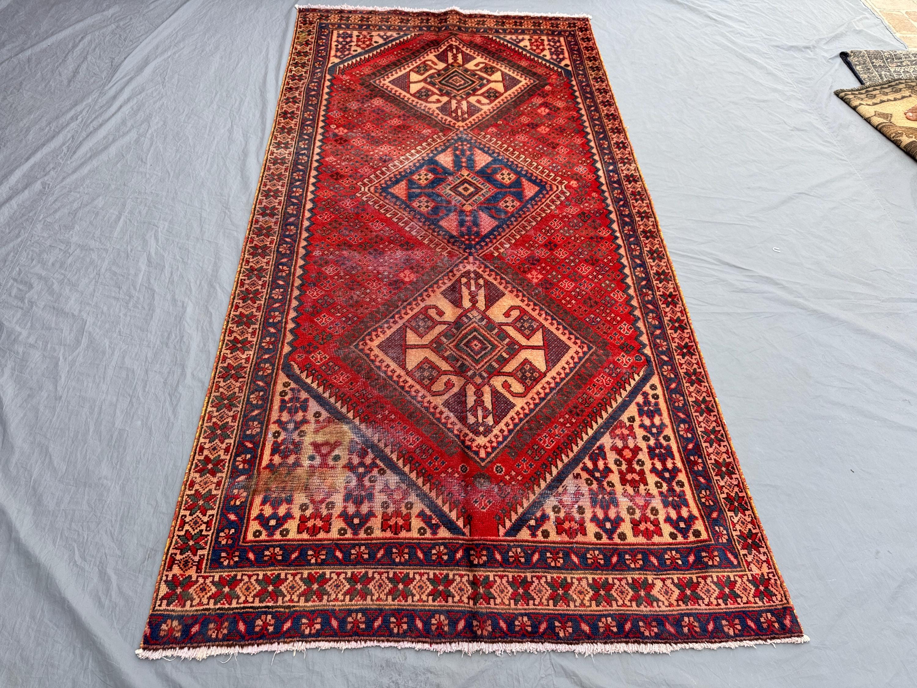 4'8x9'6 ft Turkish Inspired Hand Knotted Low Pile Area Rug, Vintage Geometric Pattern, One of a Kind Home Decor Rug