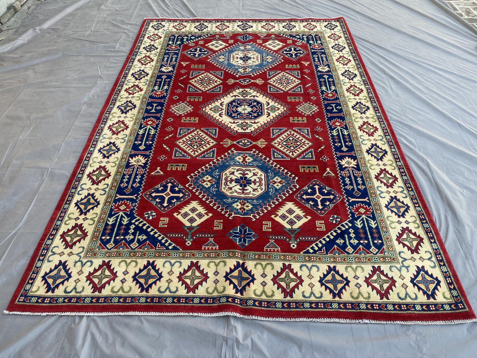 Handmade Afghan Kazak Rug, Traditional Geometric Wool Carpet, Hand Knotted Red Area Rug, Vintage Oriental Living Room Rug, 7x10 moroccan Rug
