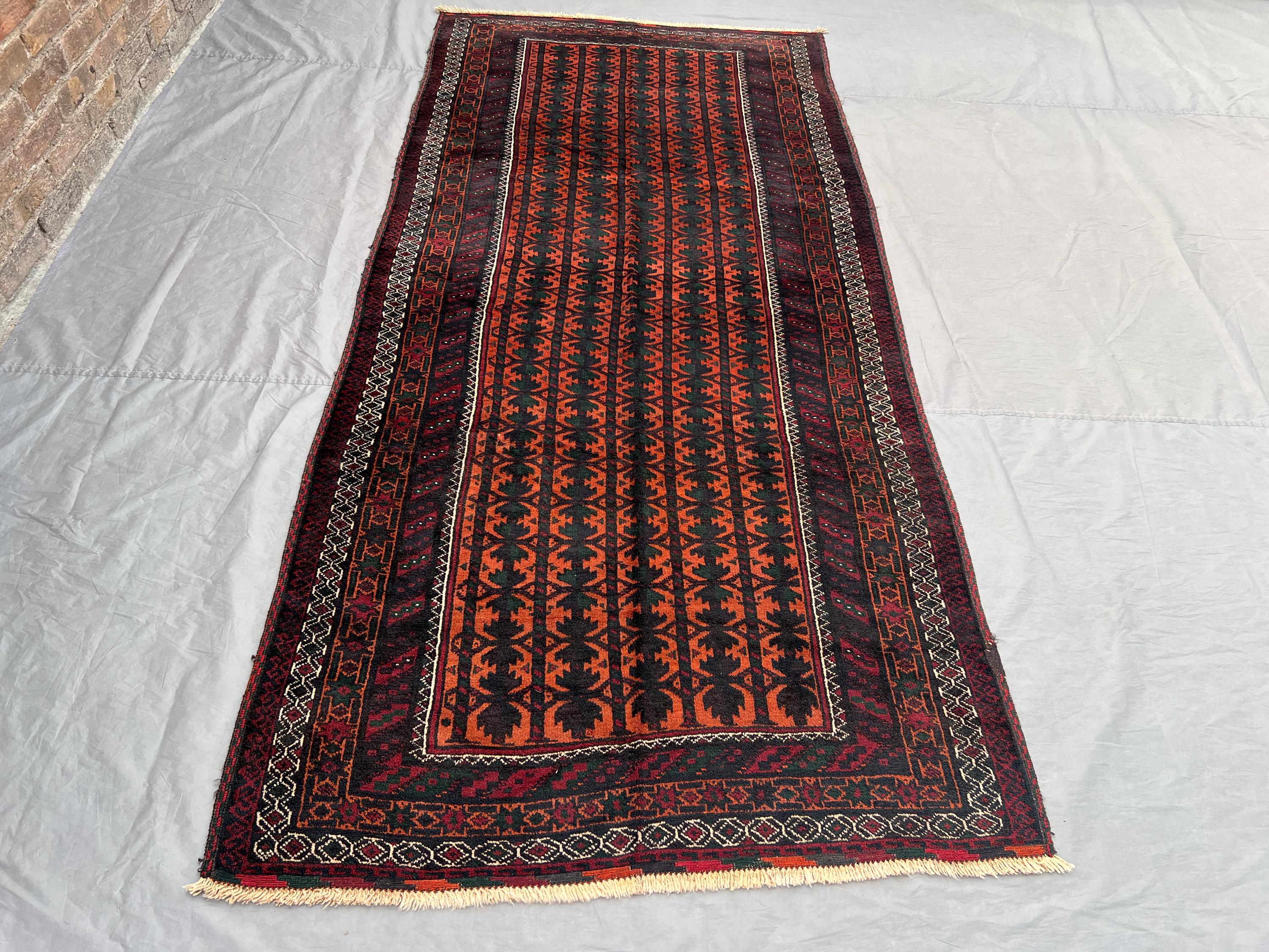 Vintage Rust Black Dark Red Afghan Baluchi Rug | 4x10 ft Hand Knotted Wool Tribal Geometric Runner Carpet | Ha
