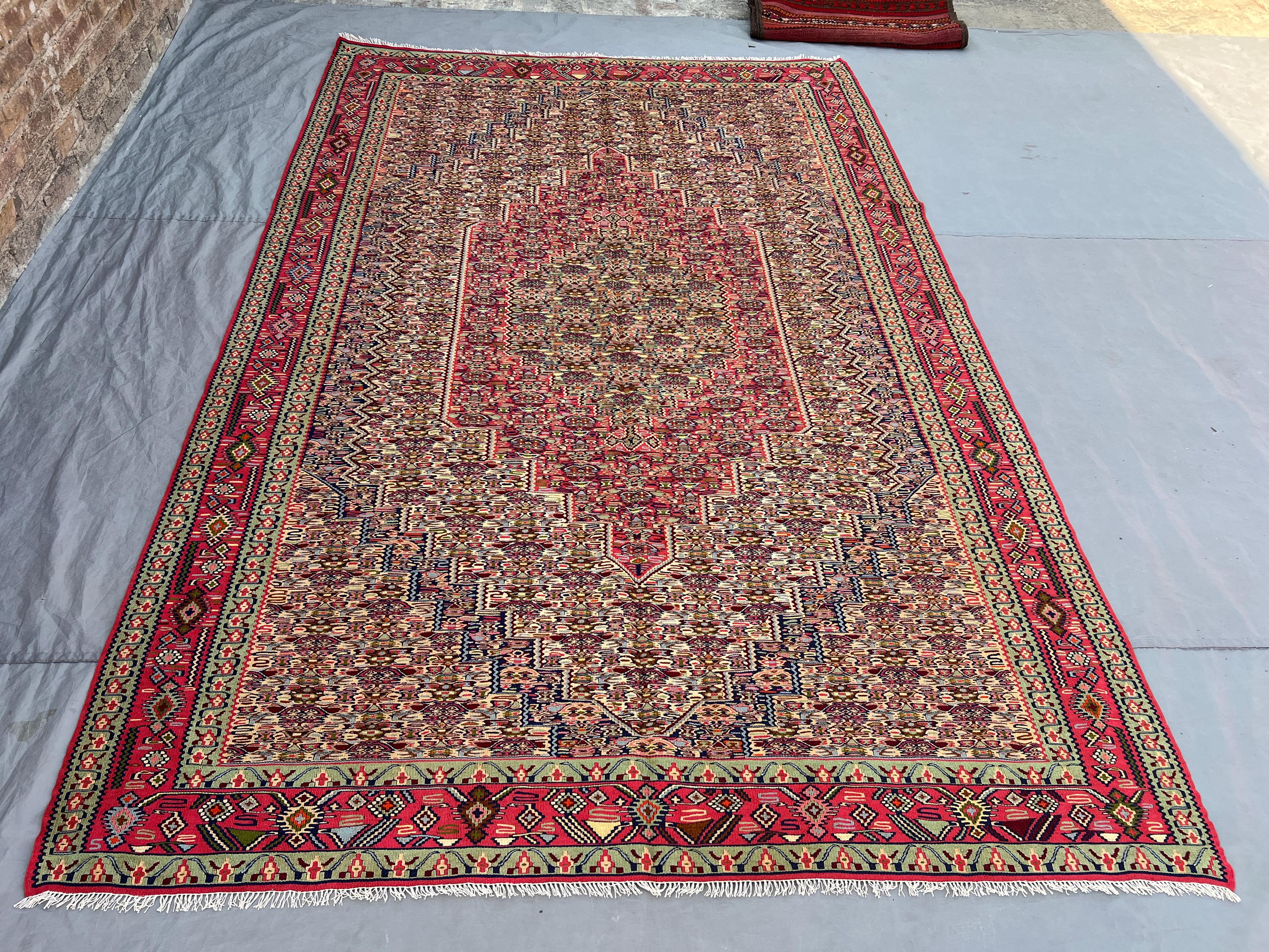 6'5x9'10 Vintage Afghan Kilim Handwoven Wool Flatweave Central Ivory Spine All-Over Boteh Hot Pink Multicolor Large Area Rug | Living Room