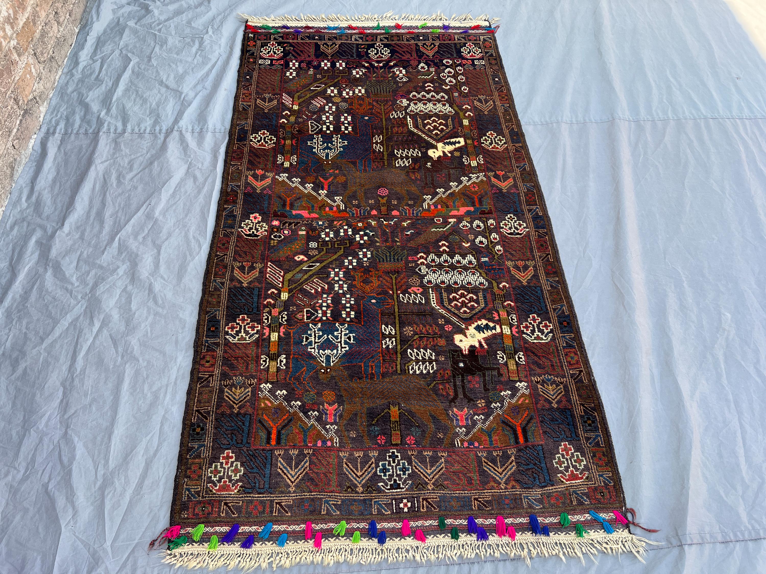 3'5x6'9 Vintage Afghan Hand Knotted Wool Tribal Rug Dark Brown Navy Animal Bird Tree of Life Folk Motif Boho Hallway Bedroom Accent Carpet