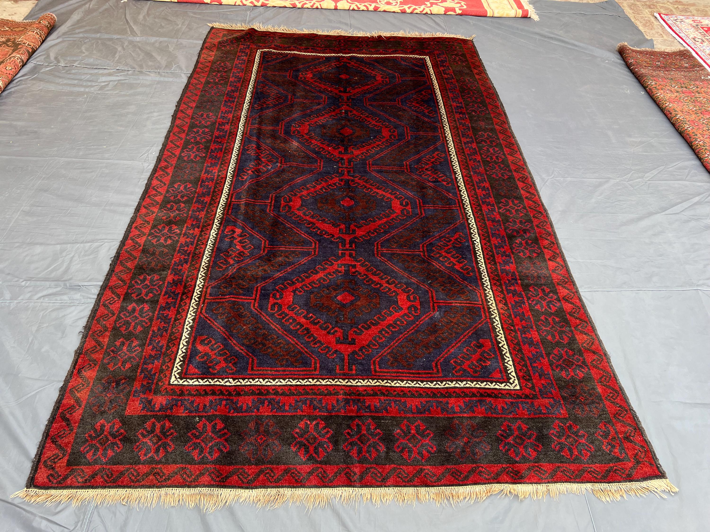6 x 10 ft Vintage Afghan Hand Knotted Turkoman Ersari Rug Red Blue Black Large Area Soft Wool Tribal Geometric