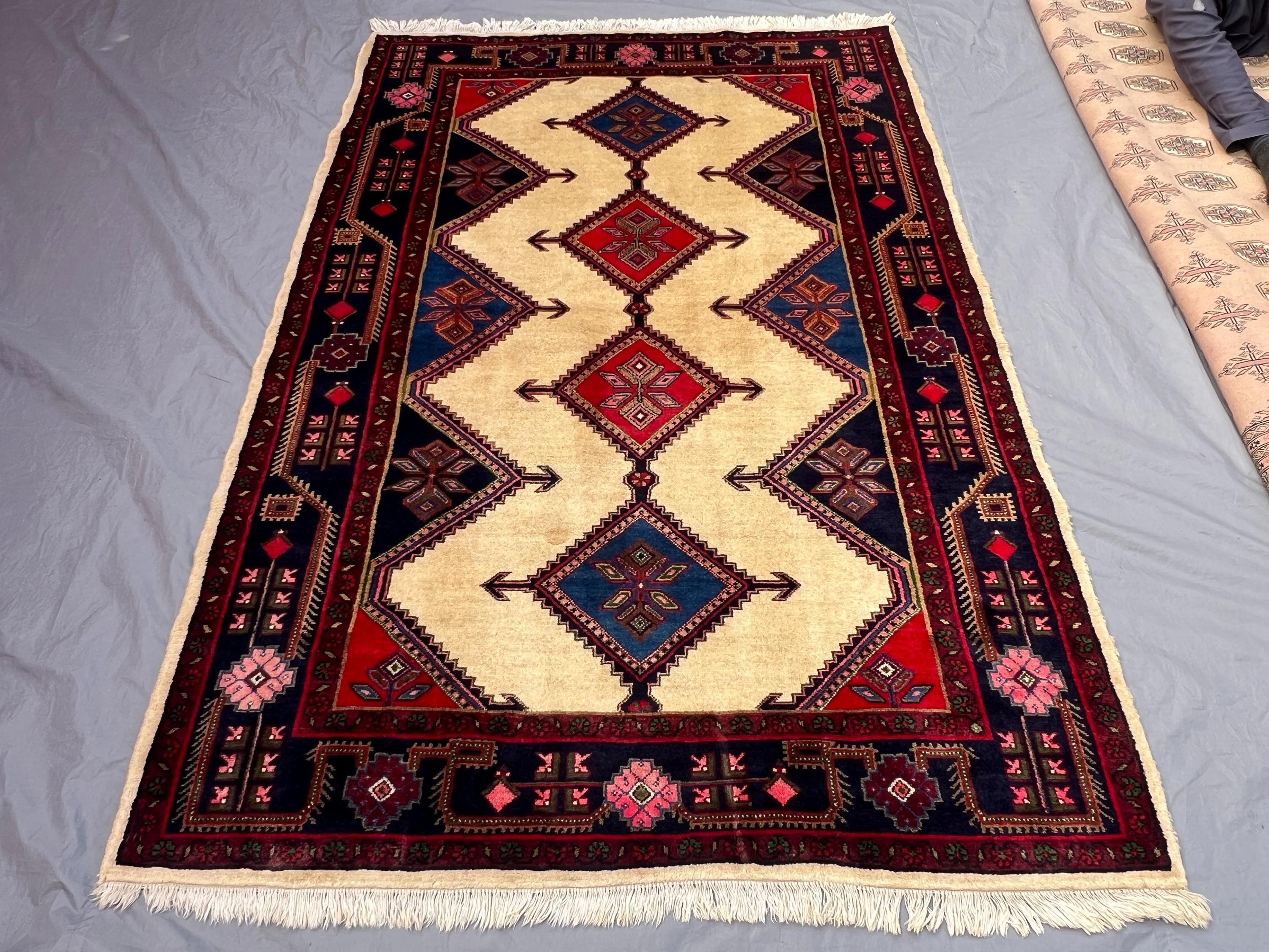 Red 5'0 x 7'3 Afghan Vintage Hand Knotted Geometric Rug, Tribal Wool Area Rug, Traditional Boho Home Decor, Luxury Area Rug, Living Room