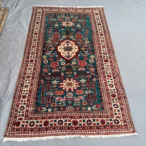 6x10 Antique Caucasian Kazak Rug, Hand Knotted Wool Area Rug | Tribal Geometric Design | Red Green Oriental Carpet | Boho Decor, Outdoor Rug