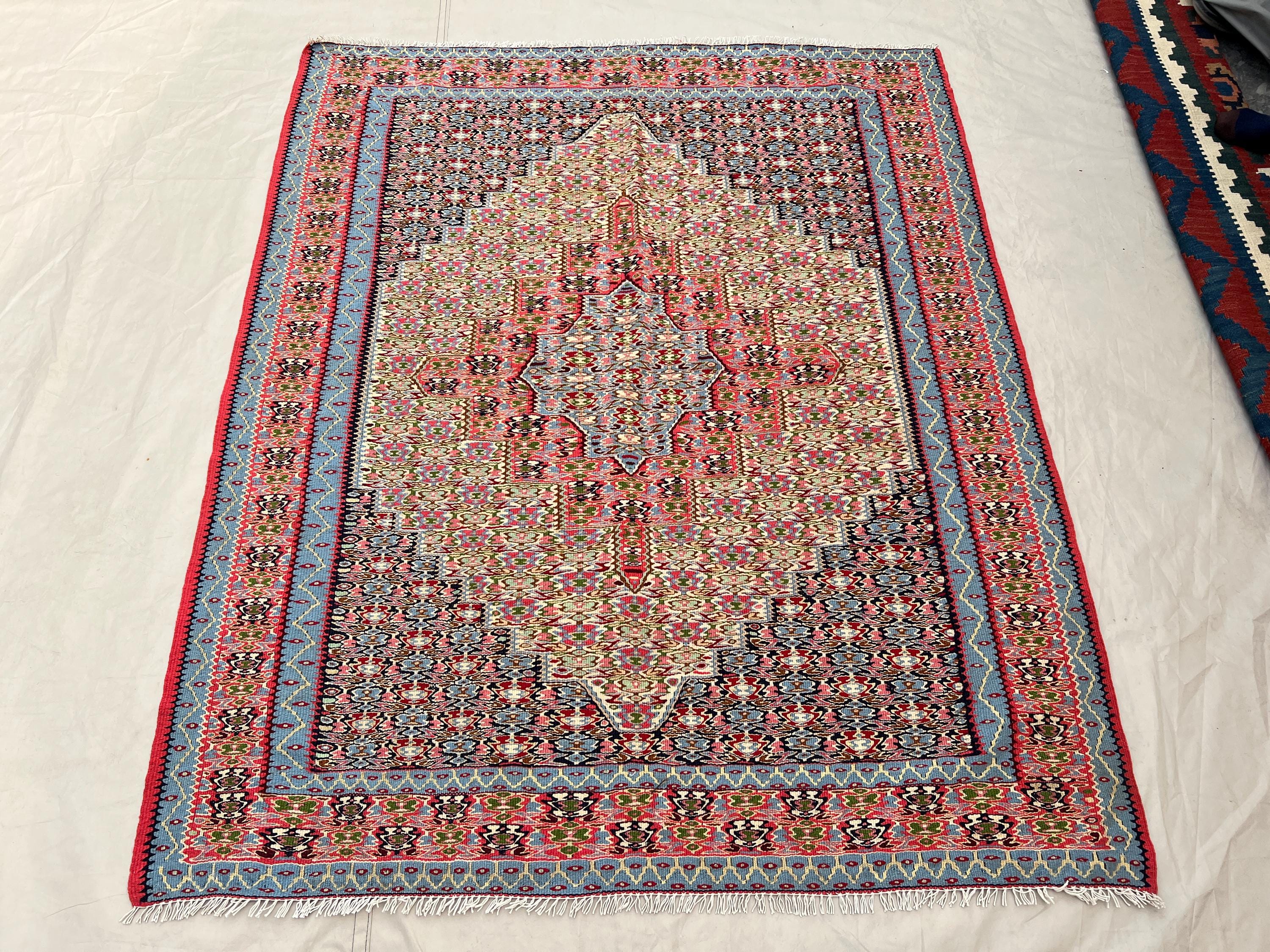 4'2x5 Vintage Afghan Senneh Kilim Flatweave | Sky Blue Pink Ivory Diamond Medallion | Handwoven Wool Rug for Living Room Bedroom Entryway