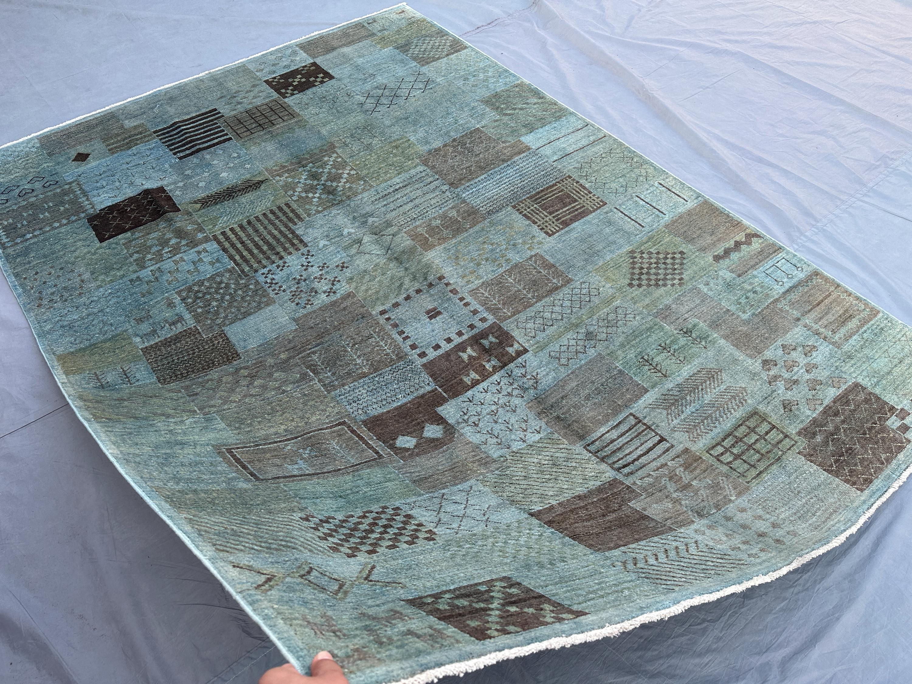 6x8 Afghan Hand Knotted Oushak Rug, Modern Wool Pictorial Area Rug, Multicolor Geometric Design, Living Room Decor, Boho Home Rug, Bedroom