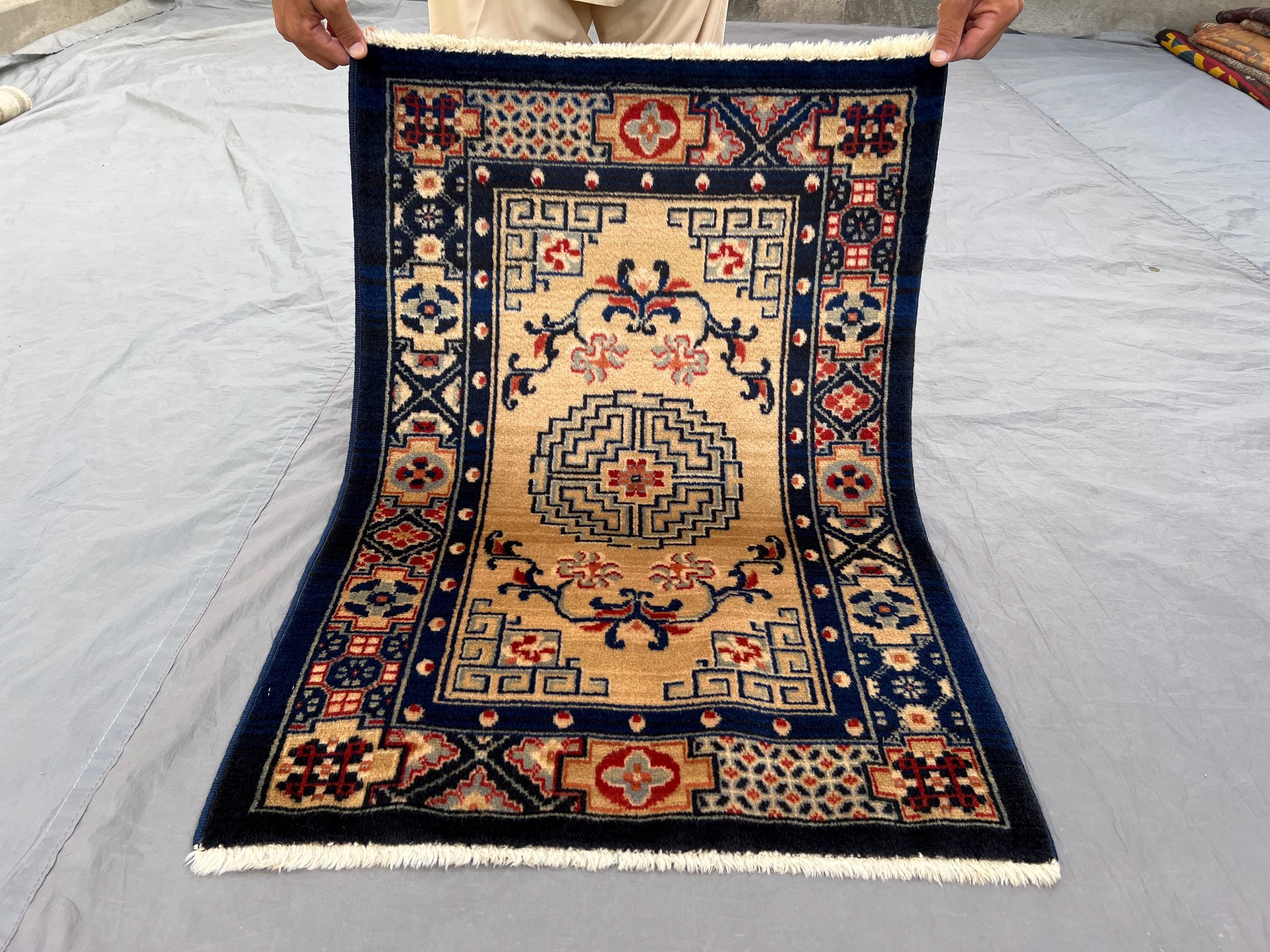 2 x 2'10 ft Vintage Soft Wool Caucasian Accent Rug, Navy Blue and Cream Geometric Design, Small Hand-Knotted W