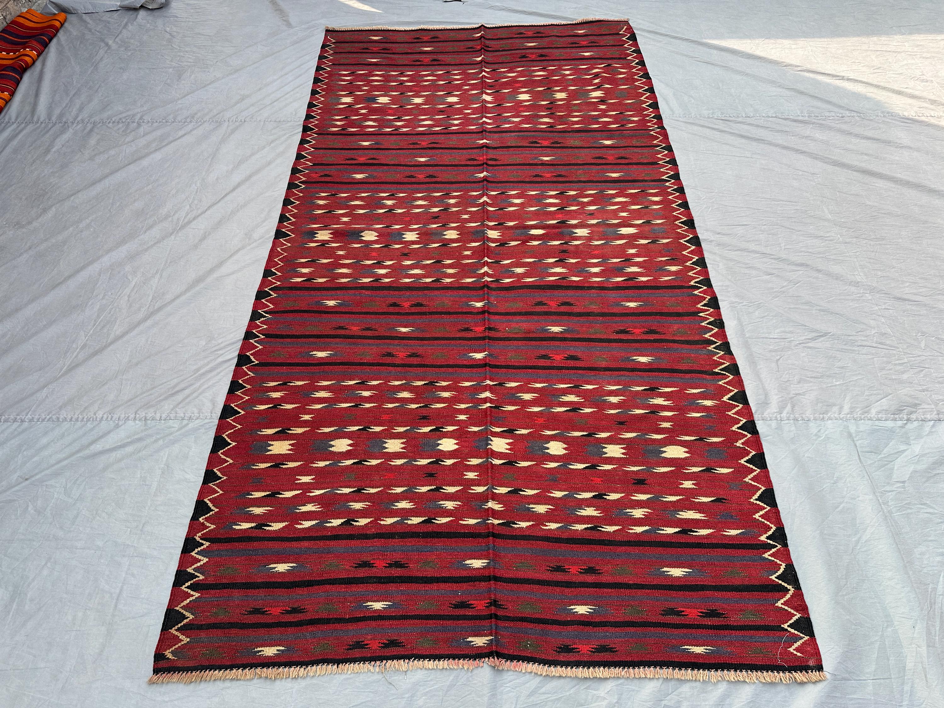 4'10x9'3 Afghan Kilim Rug | Tribal Red Flat Weave Wool Carpet | Handwoven Geometric Baluch Style Rug | Vintage Boho Ethnic Area Floor Decor