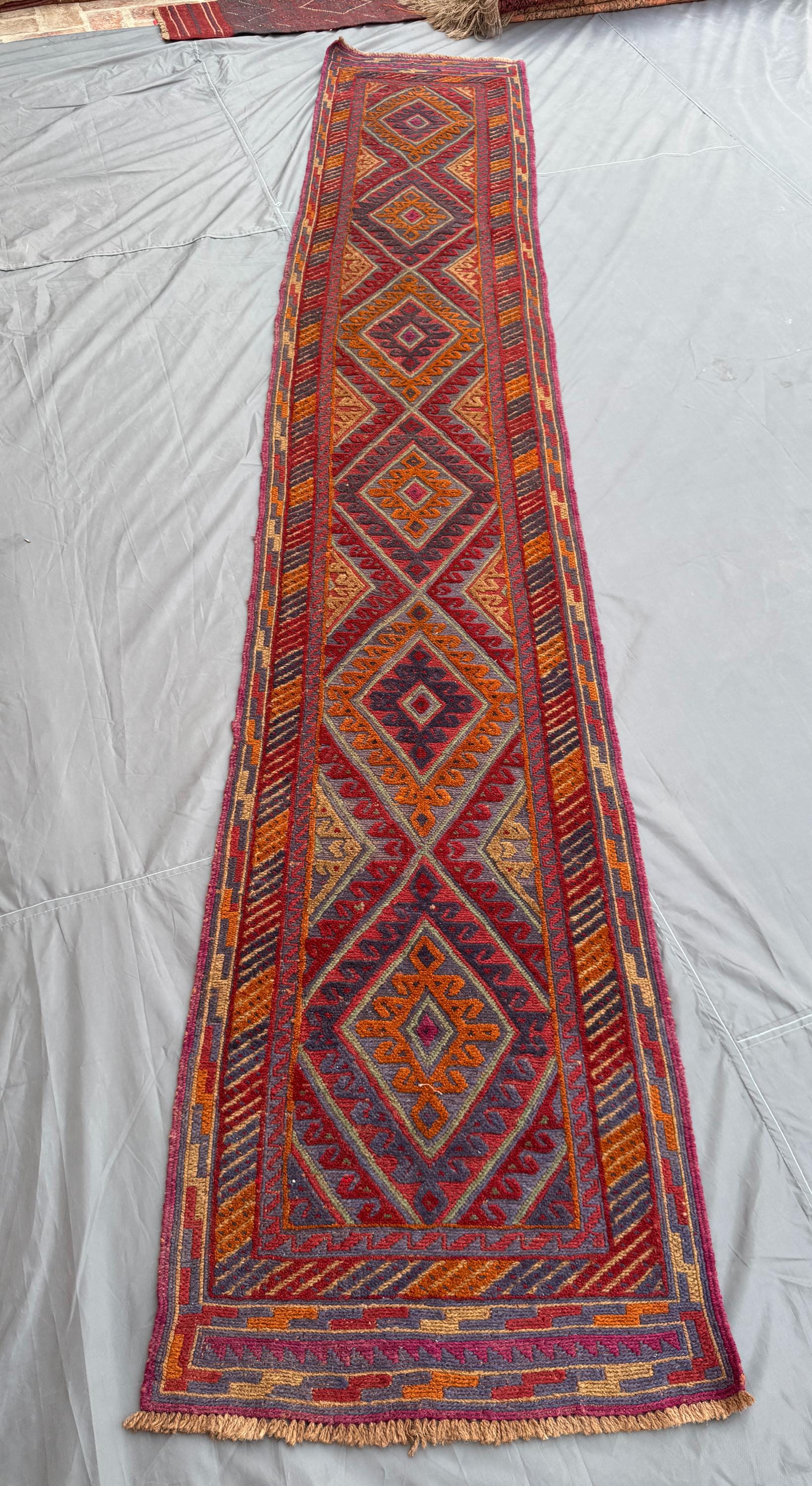 2×12 Afghan Hand-Knotted Vintage Runner Mishwani Tribal Design Red Orange Geometric Soft Wool Long One-of-a-Ki