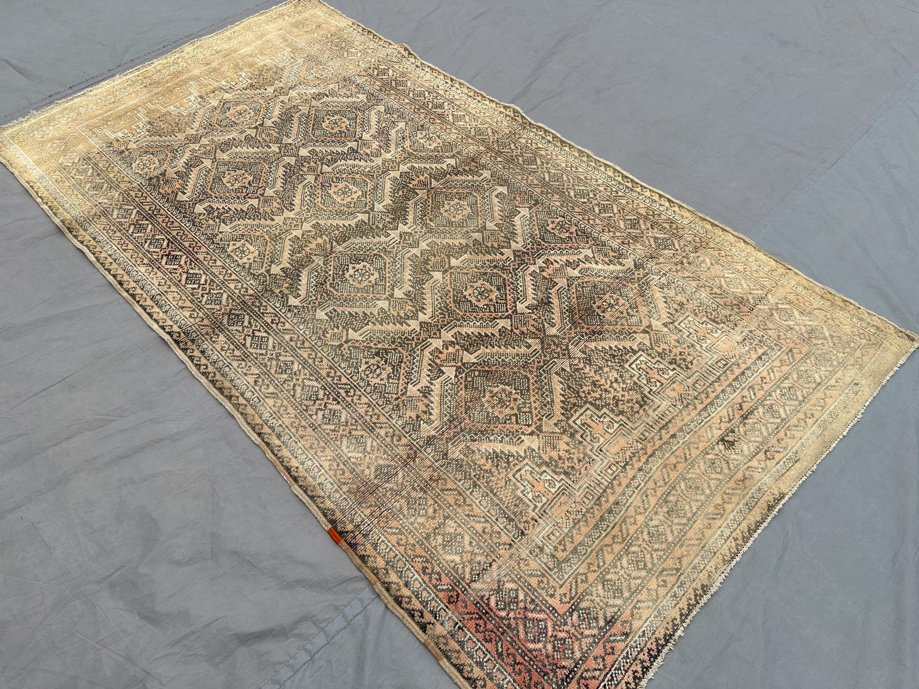3'1x5'9 ft Afghan Baluch Rug | Antique Hand-Knotted Wool Runner | Faded Terracotta Tribal Carpet | Vintage Boho Hallway Decor, Kitchen rug