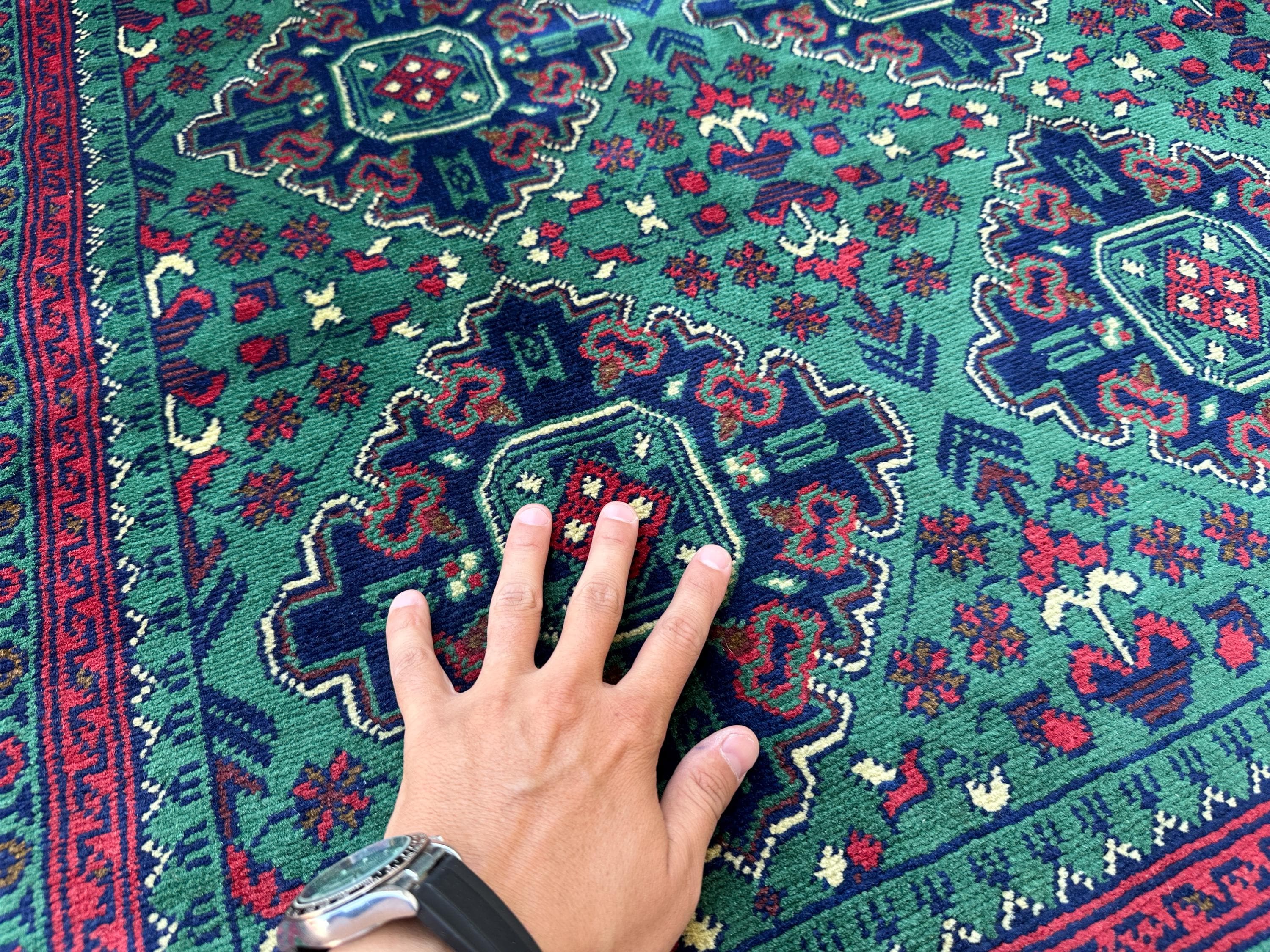 Hand Knotted Wool Rug, Green Diamond Lattice, Red Border, Living Room Carpet