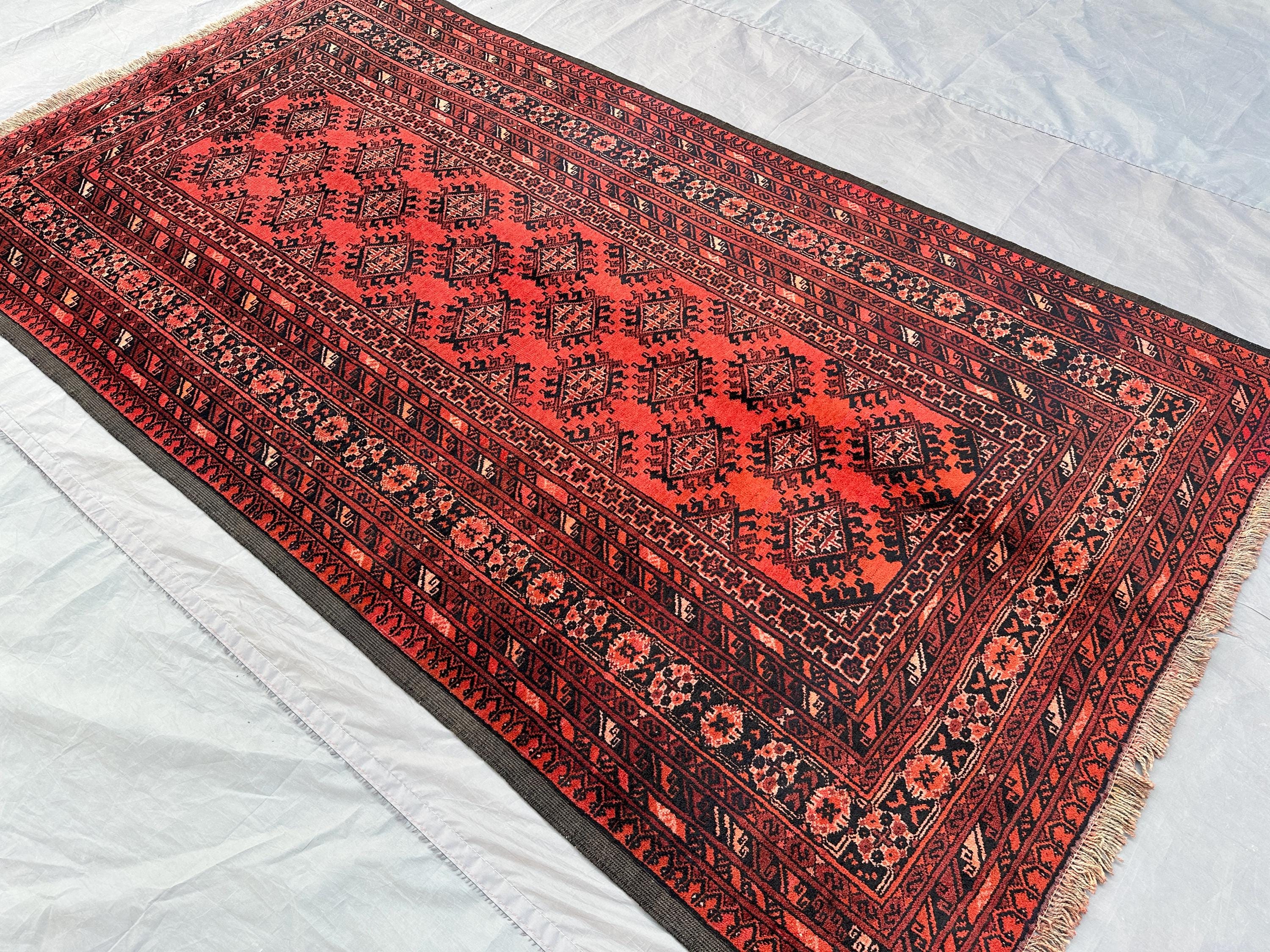 3'4x6'6 ft Ersari Afghan Tribal Rug | Hand Knotted Wool Red Geometric Carpet | Vintage Kitchen Floor Rug | Small Area Rug | Afghan Wool Rug