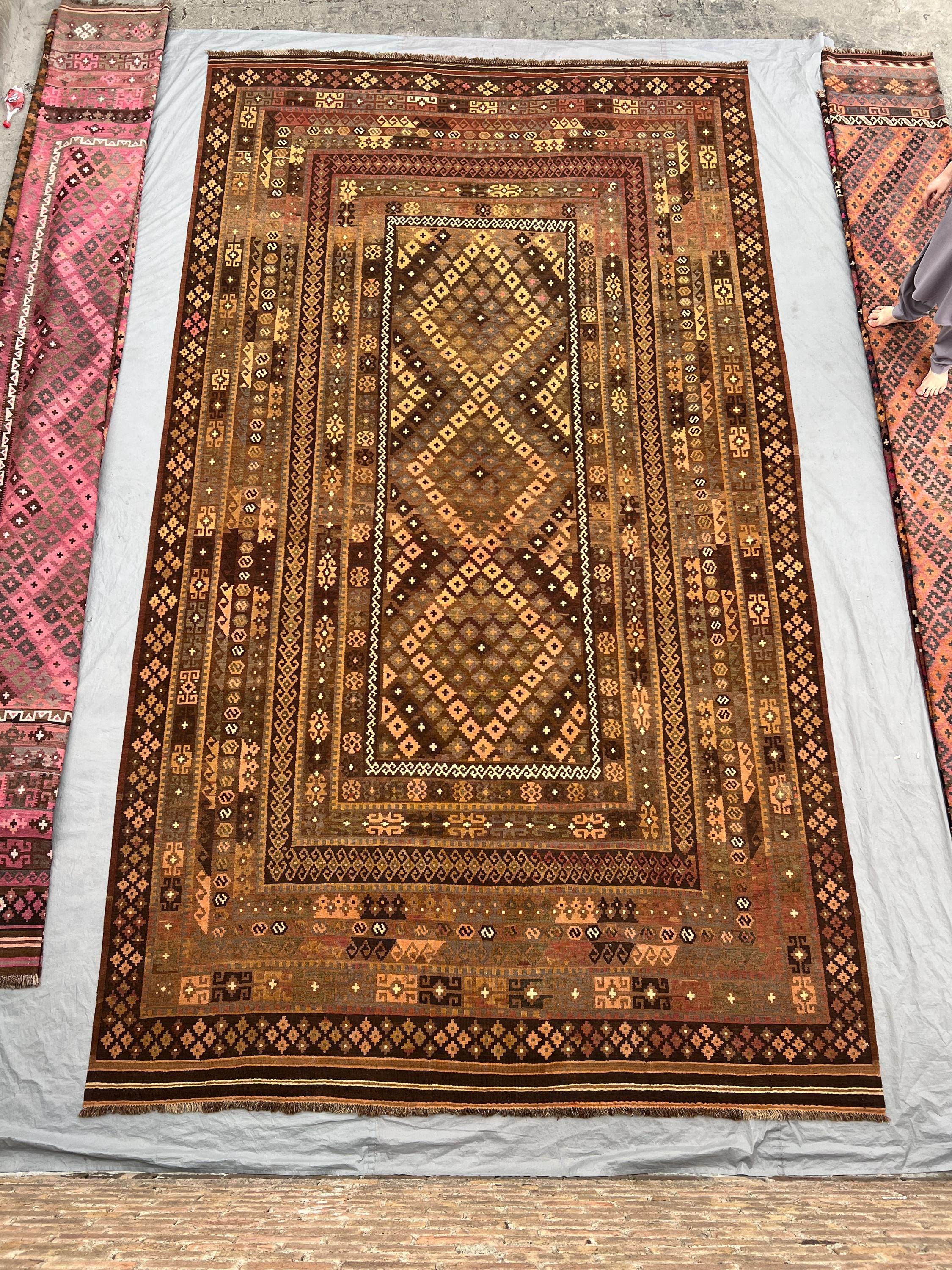 10 x 17 Antique Afghan Kilim Rug, Oversized Handwoven Flatweave Rug, Old Faded Terracotta, Brown, Gold, Grey Rug, Tribal Nomadic Rare Decor