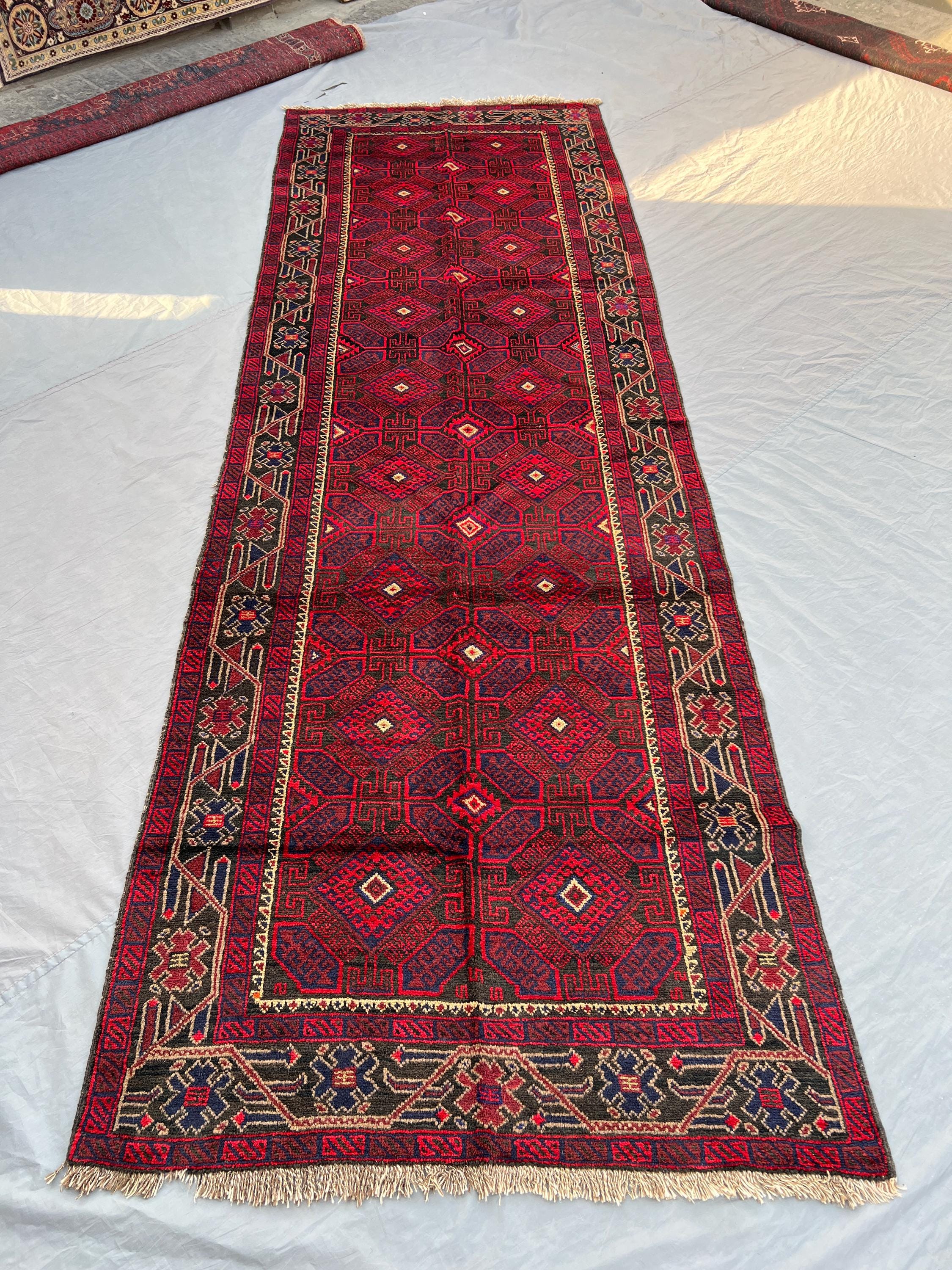4'1x12'4 ft Antique Afghan Baluchi Runner | Hand Knotted Wide Tribal Rug | Red Navy Wool Hallway Rug | Ethnic