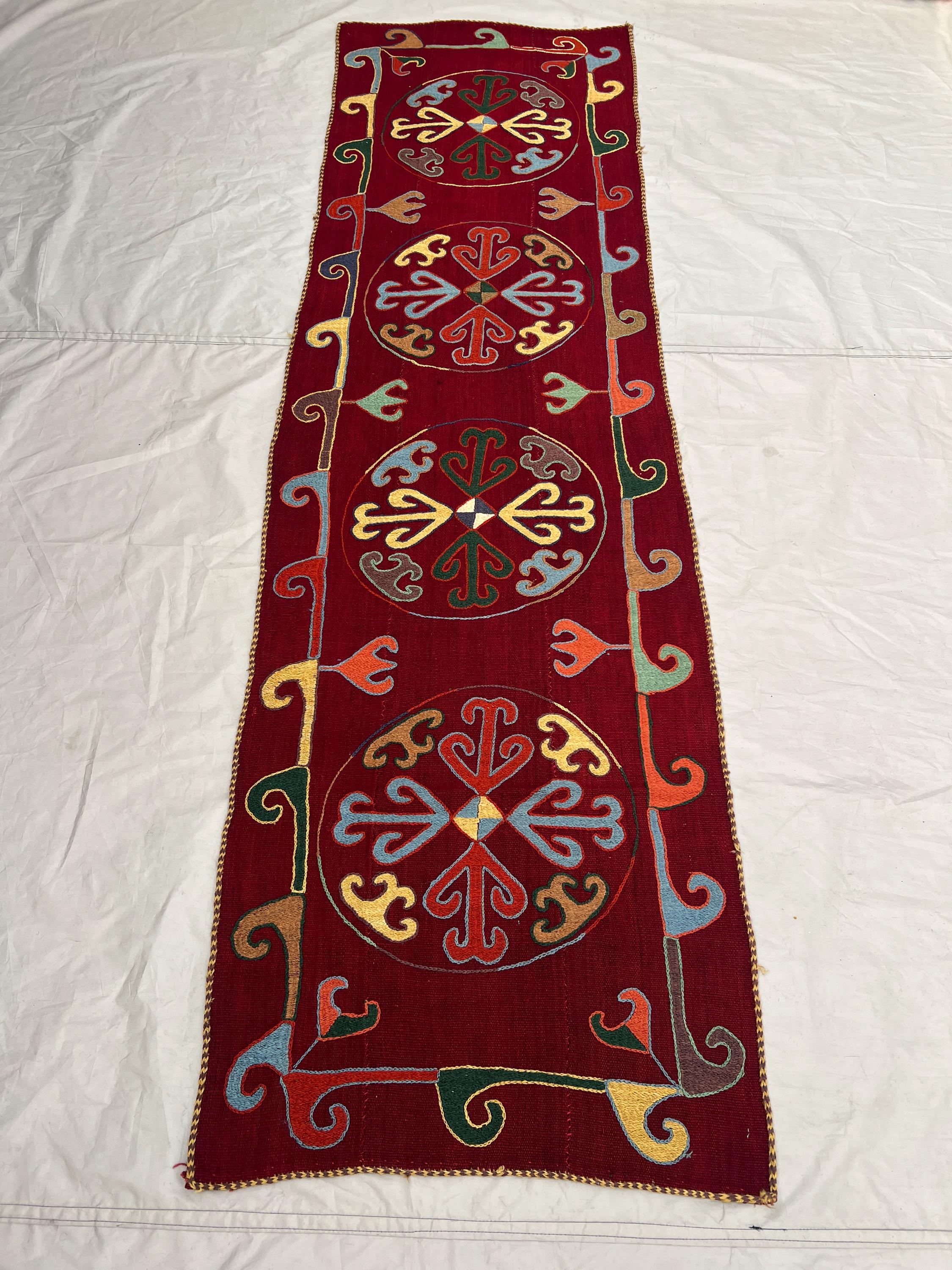 2'5x8'4 Ft Vintage Afghan Suzani Flatweave Embroidered Runner Deep Red Floral Sun Medallion Handmade Wool Hallway Table Runner Wall Hanging
