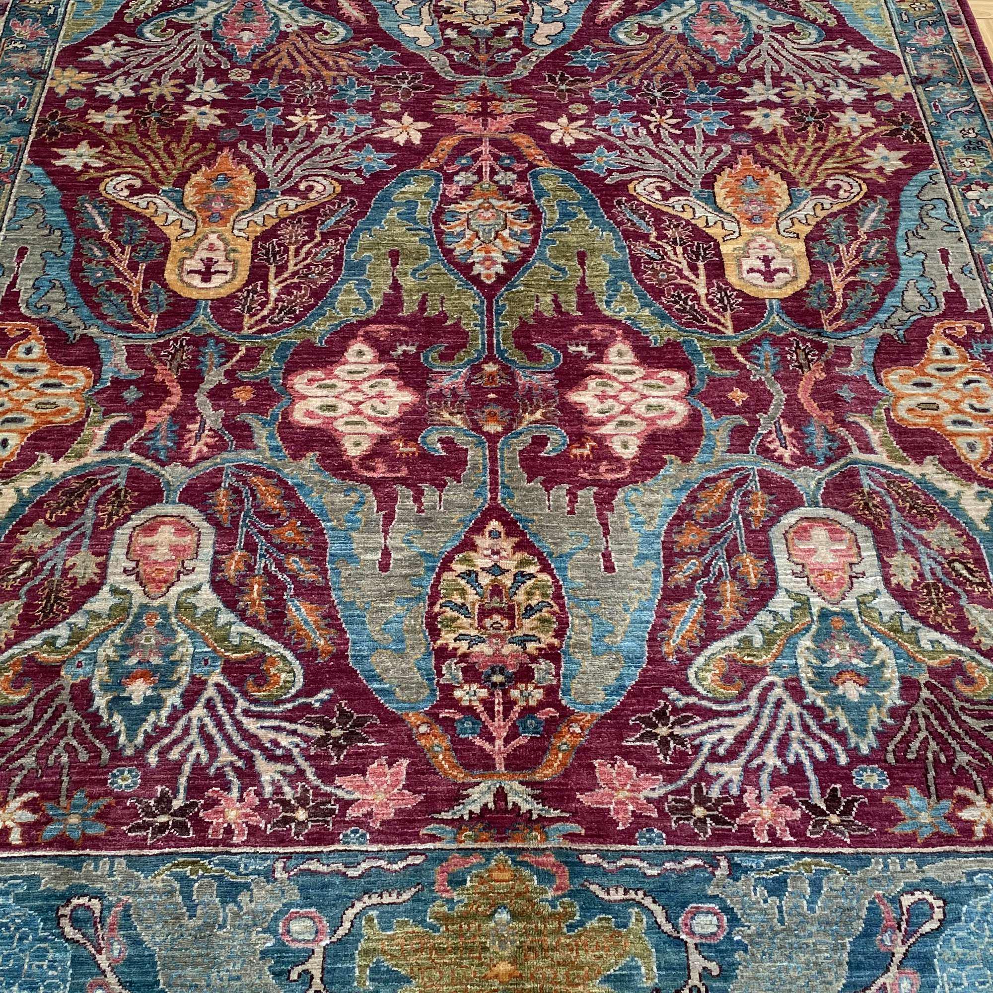 Wine Red Floral Vase Rug | Afghan Hand Knotted Wool 6x9 Area Rug | Burgundy Teal Botanical Living Room Carpet Housewarming Gift Boho Decor
