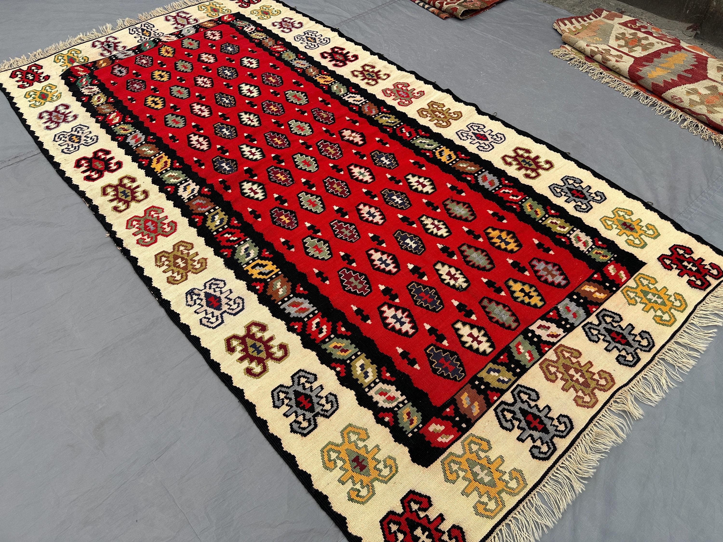 4x7 Turkish Kilim Rug | Vintage Flat Weave Wool Carpet | Red Geometric Tribal Area Rug | Handmade Anatolian Rug, Boho Decor, Kitchen rug