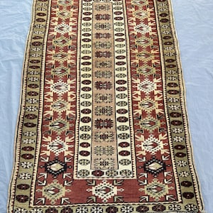 3'5x5'6 ft Vintage Afghan Turkmen Hand Knotted Wool Rug Rust Red Olive Green Striped Rosette Tribal Geometric Rug Living Room