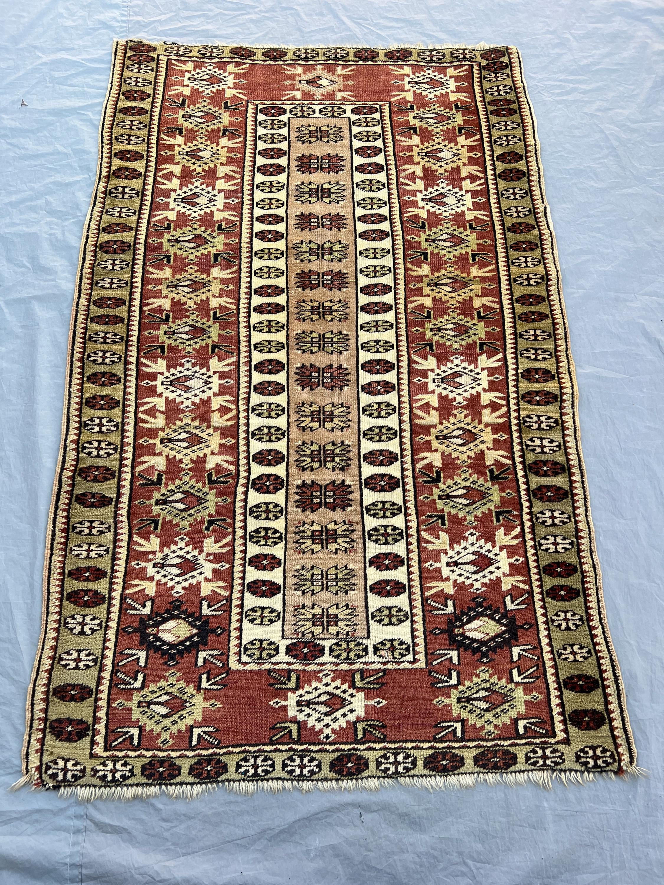 3'5x5'6 ft Vintage Afghan Turkmen Hand Knotted Wool Rug Rust Red Olive Green Striped Rosette Tribal Geometric Rug Living Room