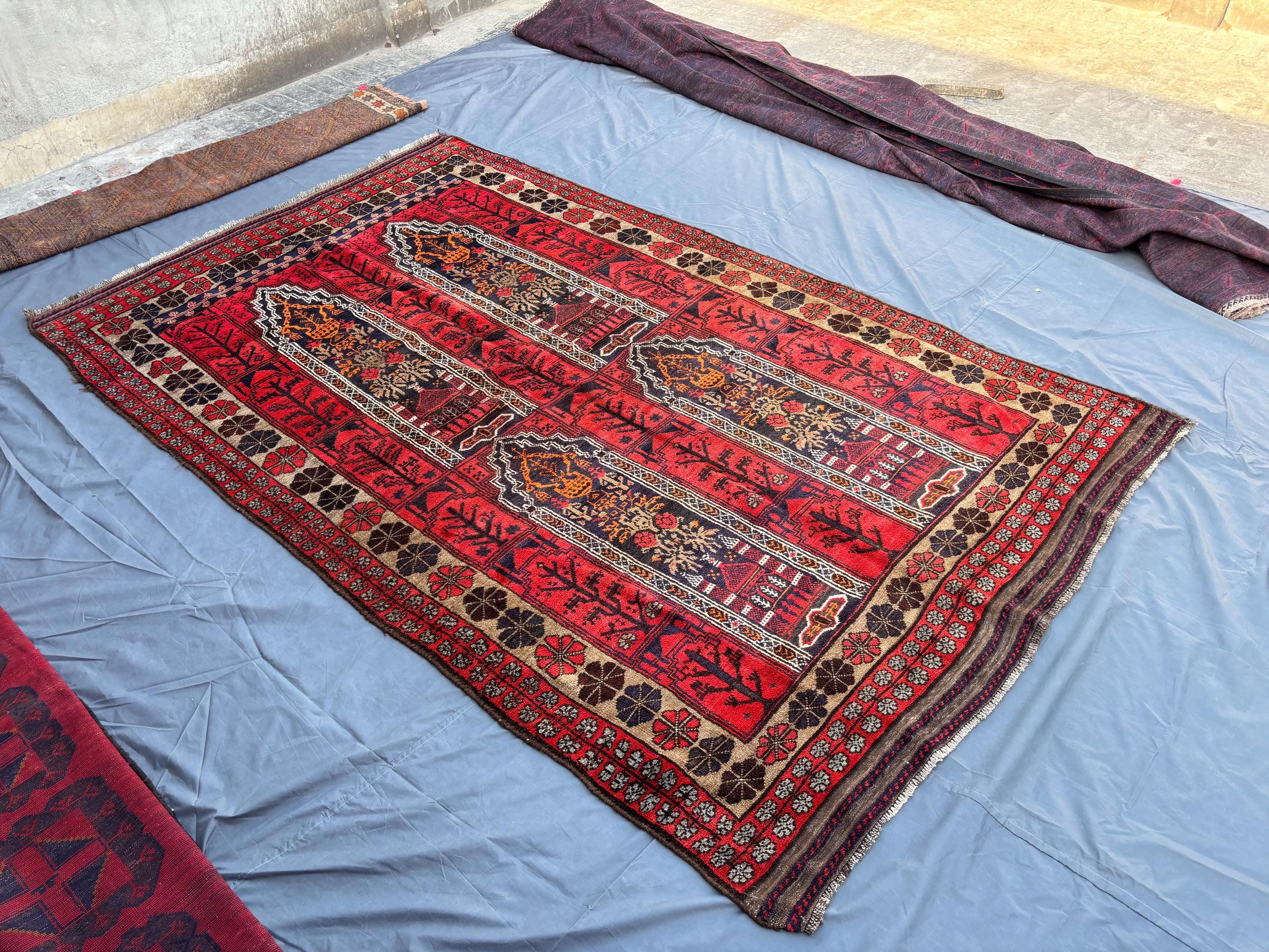 6.4x10.7 Antique Afghan Hand-Knotted Baluchi Fine Wool Rug, Tribal Geometric Red Prayer Design, Vintage Orient