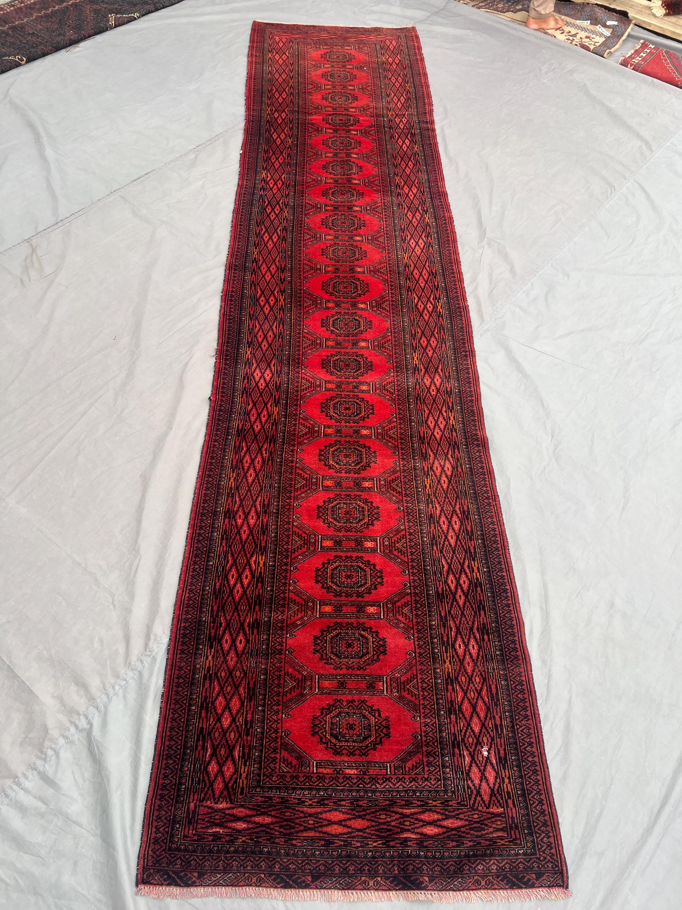 2'9 x 12'5 ft Antique Caucasian Style Runner Rug | Hand Knotted Wool Tribal Carpet | Red bukhara Runner Rug, Long Hallway Entryway Decor Rug