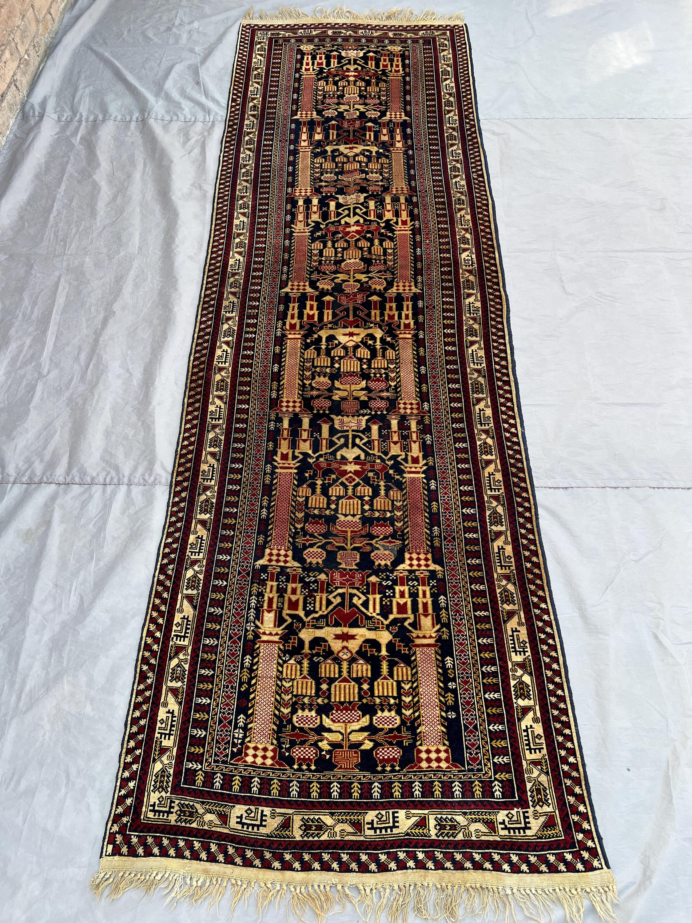 3x10 Antique Afghan Baluchi Runner Rug | Hand Knotted Wool Carpet | Turkmen Style Ali Khuja Design | Tribal Ha