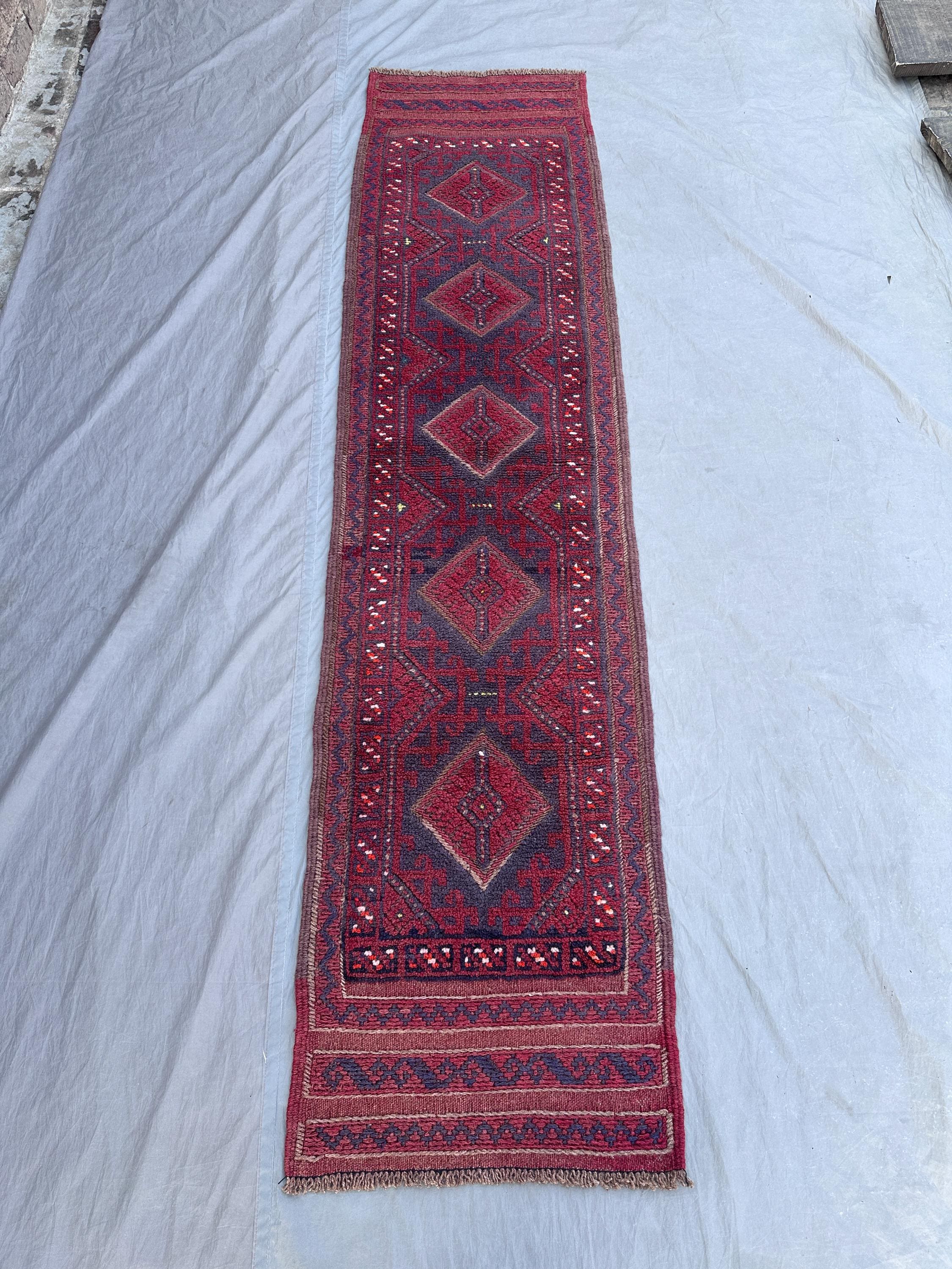 1'10x8'3 ft Vintage Afghan Mashwani Runner Rug, Hand-Knotted Tribal Wool for Hallway or Entryway, Red Navy Geometric Boho Decor