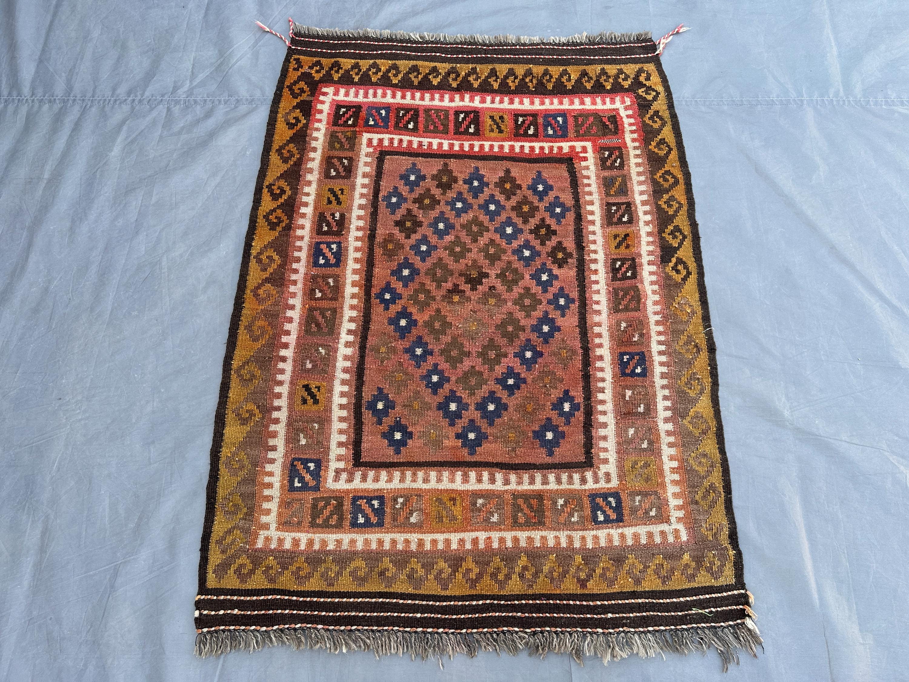 Vintage Afghan Baluch Kilim Rug, 3x4 Handwoven Wool Carpet, Tribal Geometric Accent Rug, Rustic Bohemian Small Rug, Entryway Rug, Boho Rug