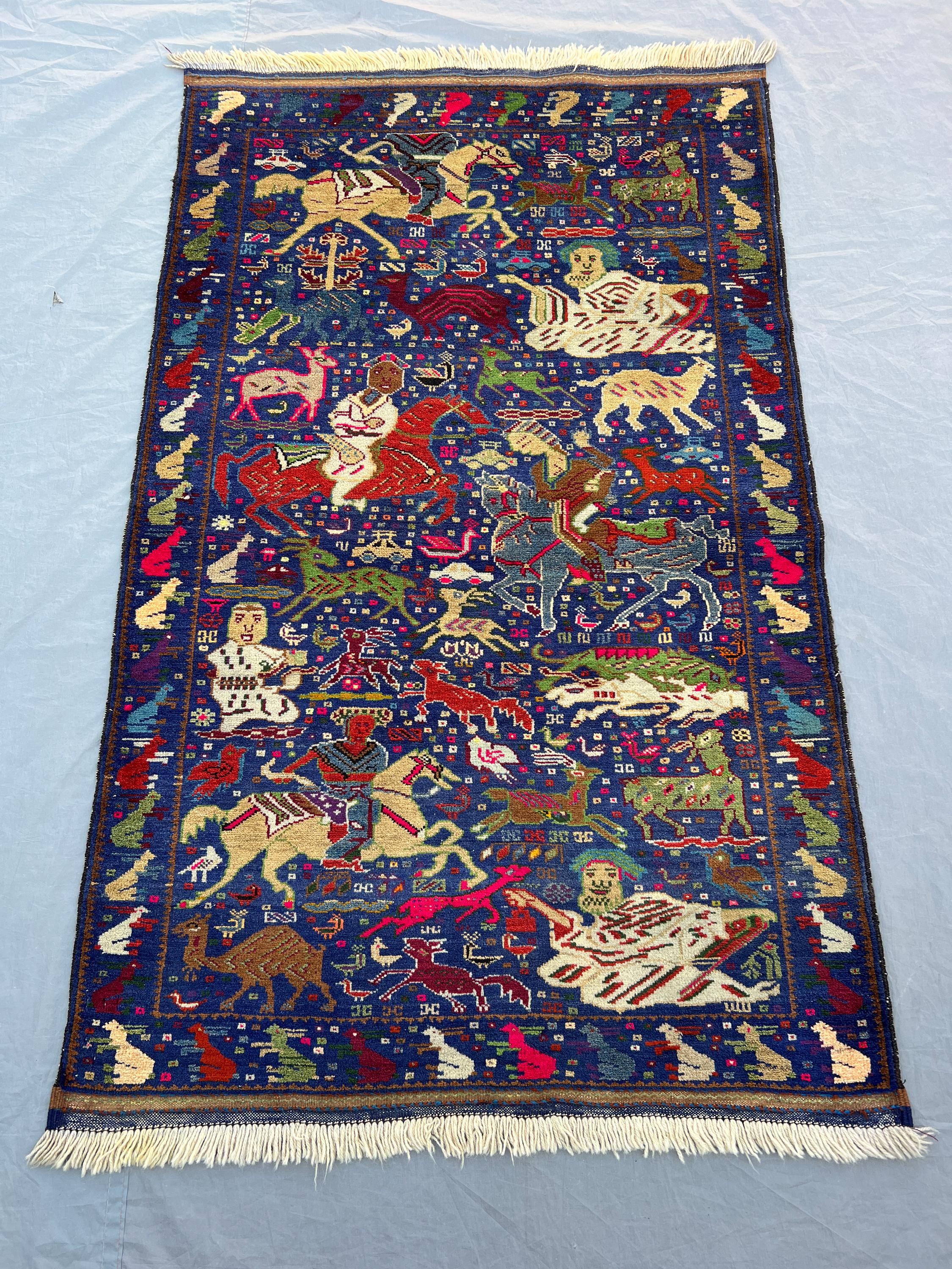 3x5 ft Vintage Afghan Hand Knotted Wool Rug Royal Blue Pictorial Hunting Scene Tribal Figurative Rug Living Room Wall Hanging