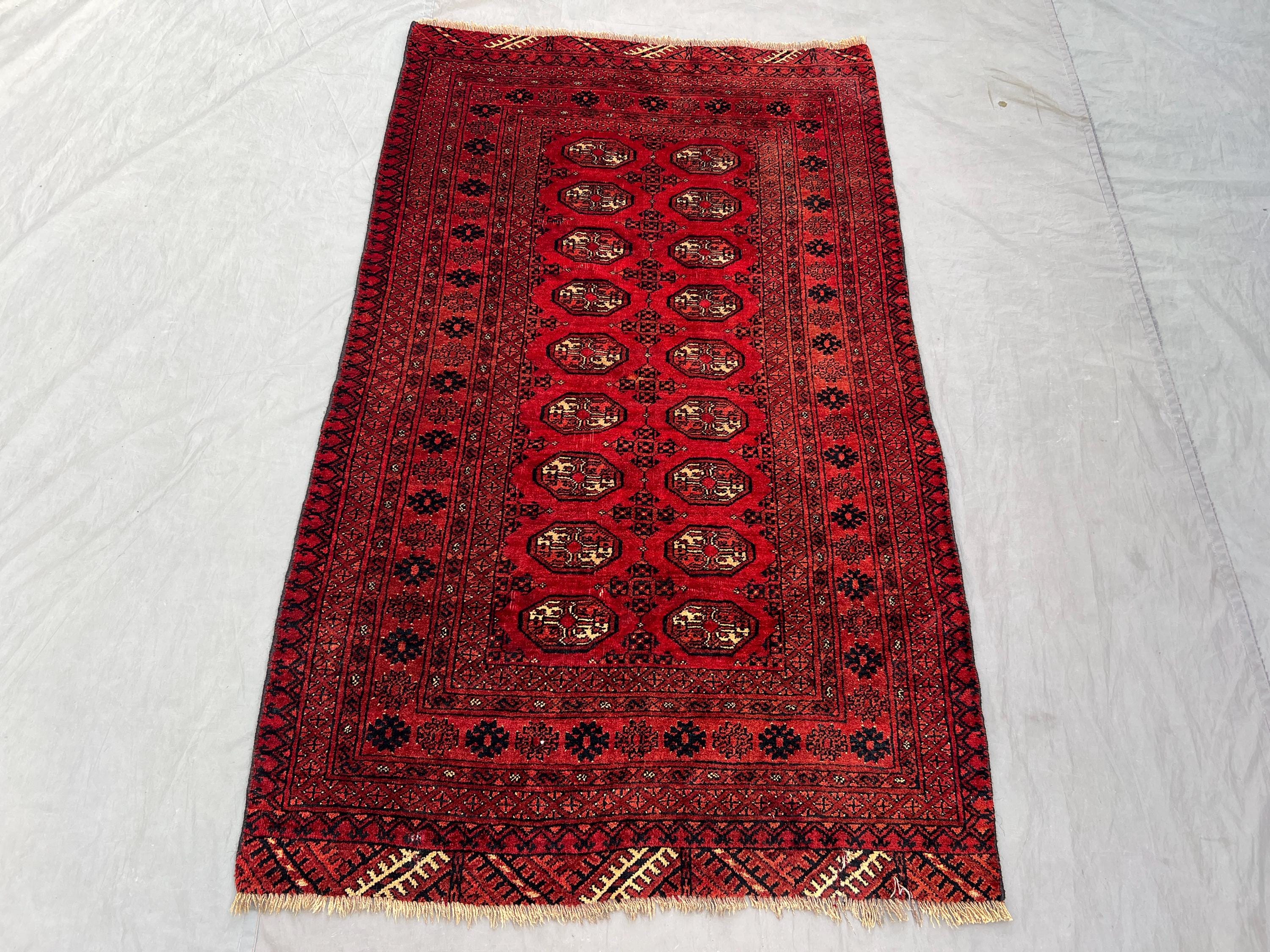 4 x 6 Afghan Hand-Knotted Vintage Soft Pile Rug One-of-a-Kind Turkoman Bokhara Design Tribal Wool rug Red and
