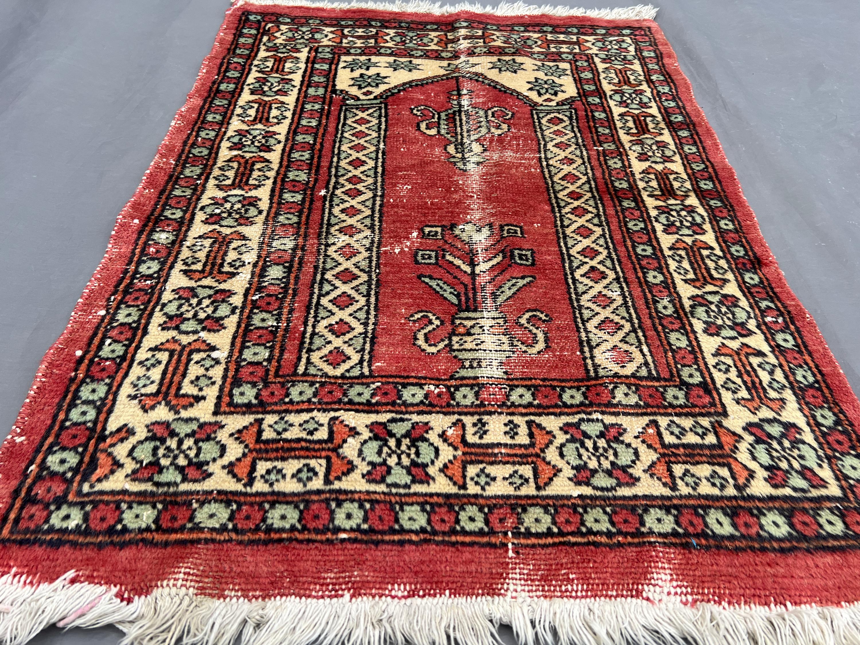 Afghan prayer rug, 2x3 antique hand knotted wool rug, low pile floral design vintage rare decor one of a kind small area rug | farmhouse rug