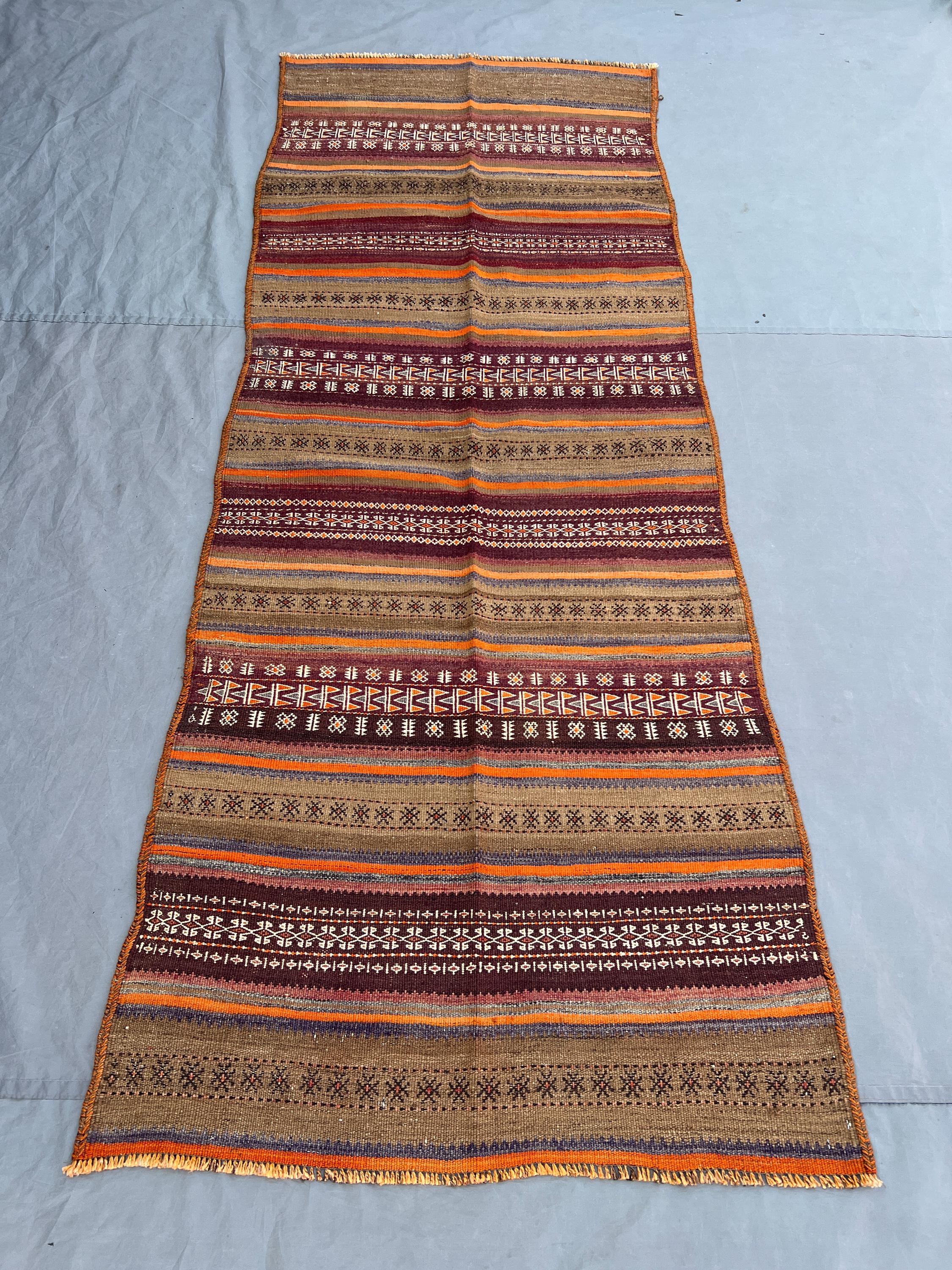 3'2x8'4 Vintage Afghan Kilim Runner | Flat Weave Wool Hallway Runner | Orange Burgundy Brown Horizontal Stripe Kilim Runner Staircase Runner