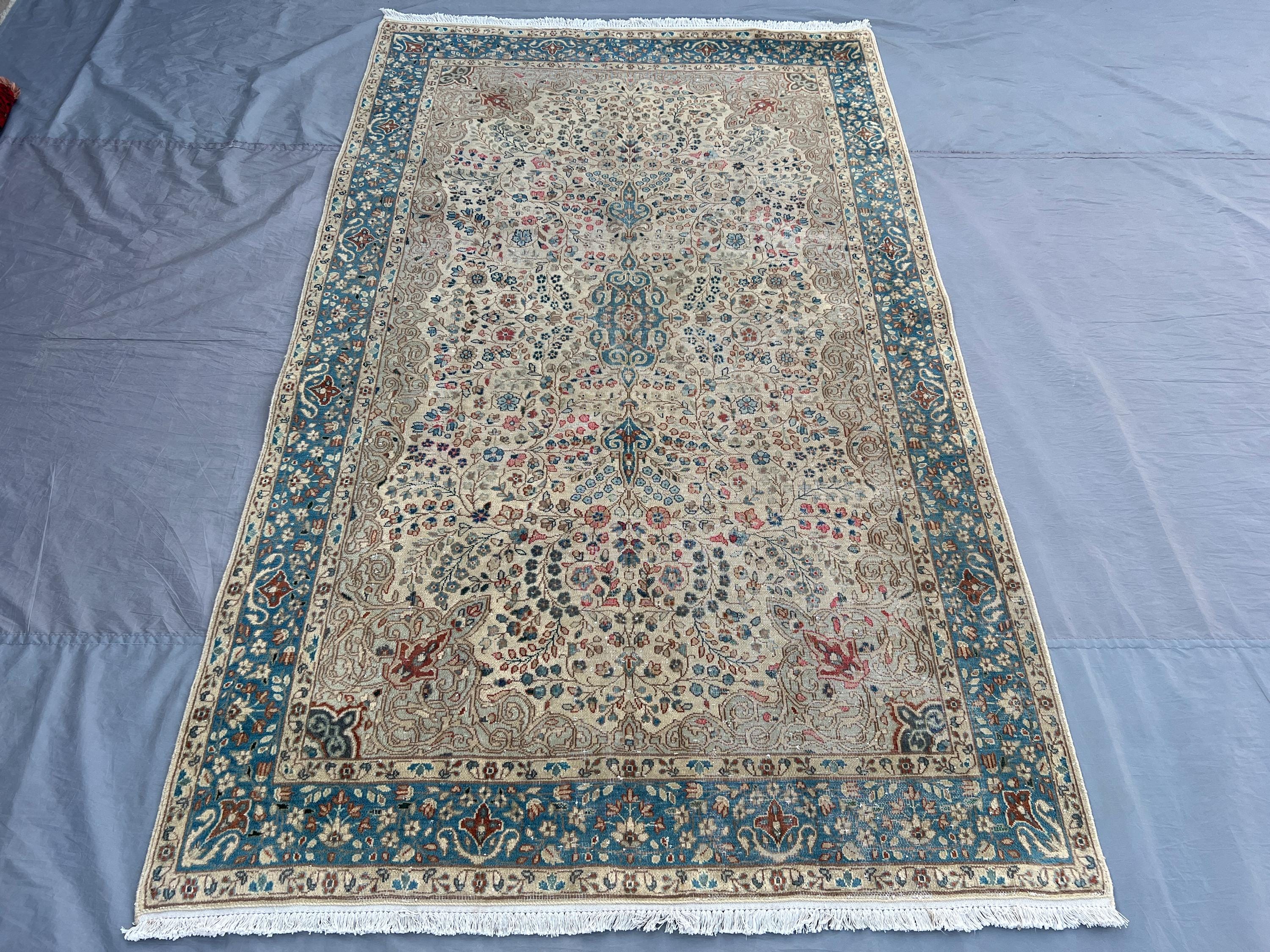 5x8 Hand-Knotted Oriental Wool Rug | Floral Medallion Carpet | Beige Blue Vintage-Style Afghan Rug | Traditional Living Room Rug Floor Decor