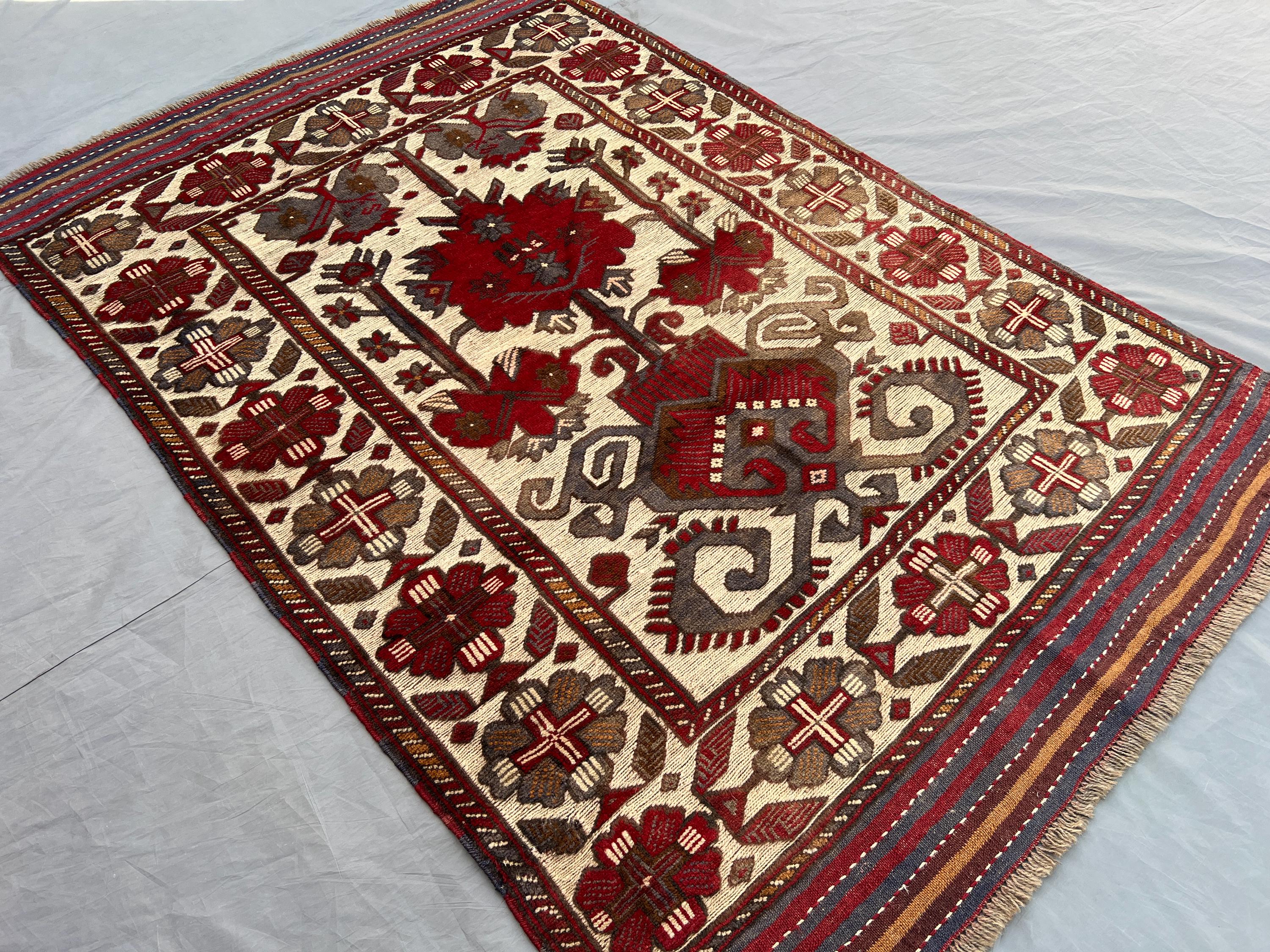 Vintage Afghan Baluchi Rug 4x6 | Hand Knotted Wool Carpet | Tribal Floral Geometric Design | Nomadic Oriental Rug for Living Room Decor