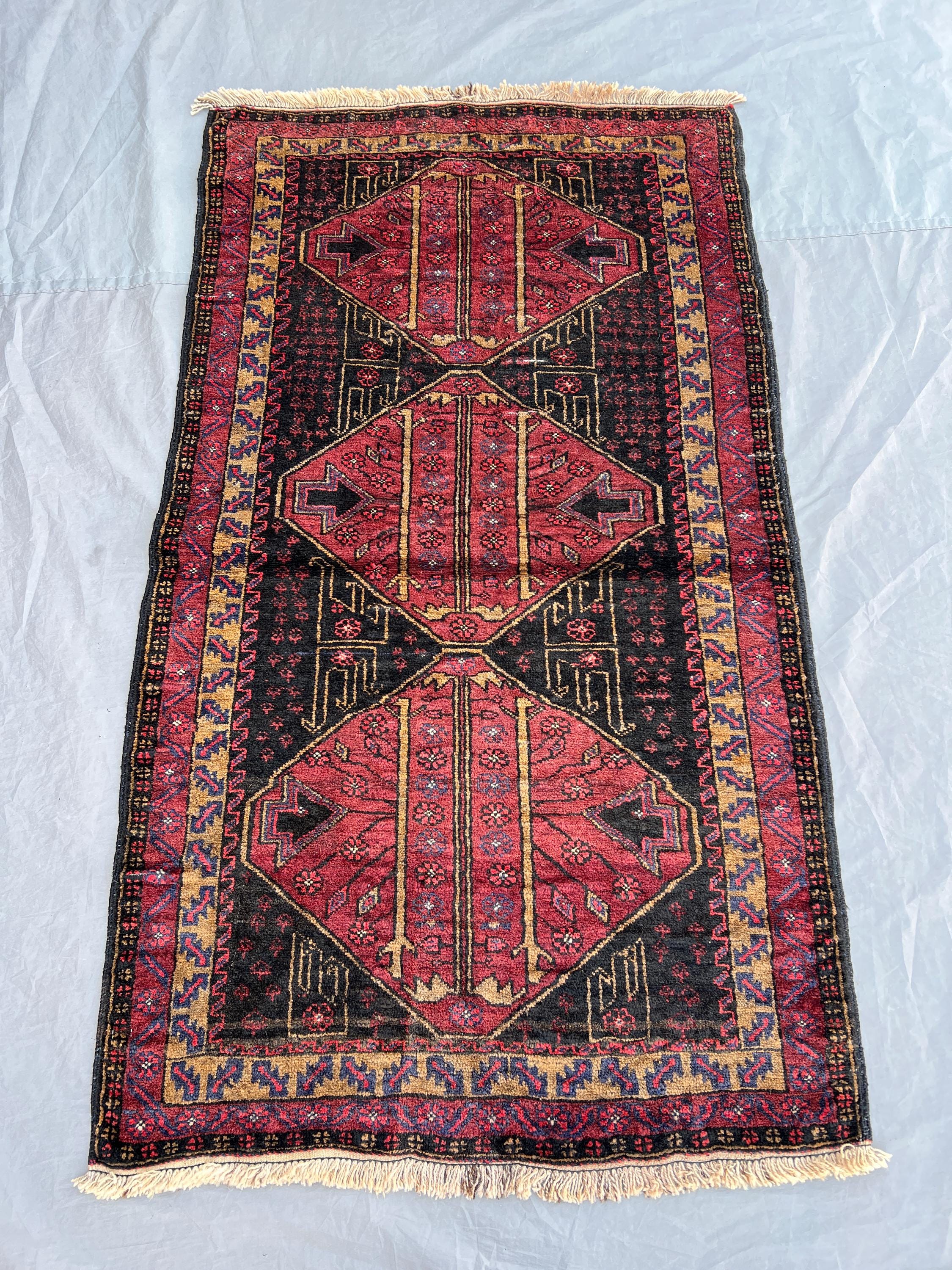 2'10x5'1 ft Vintage Afghan Hand-Knotted Rug – Red and Black Geometric Design, Tribal Motifs, Handmade, Boho Home Decor, Cozy Accent Rug
