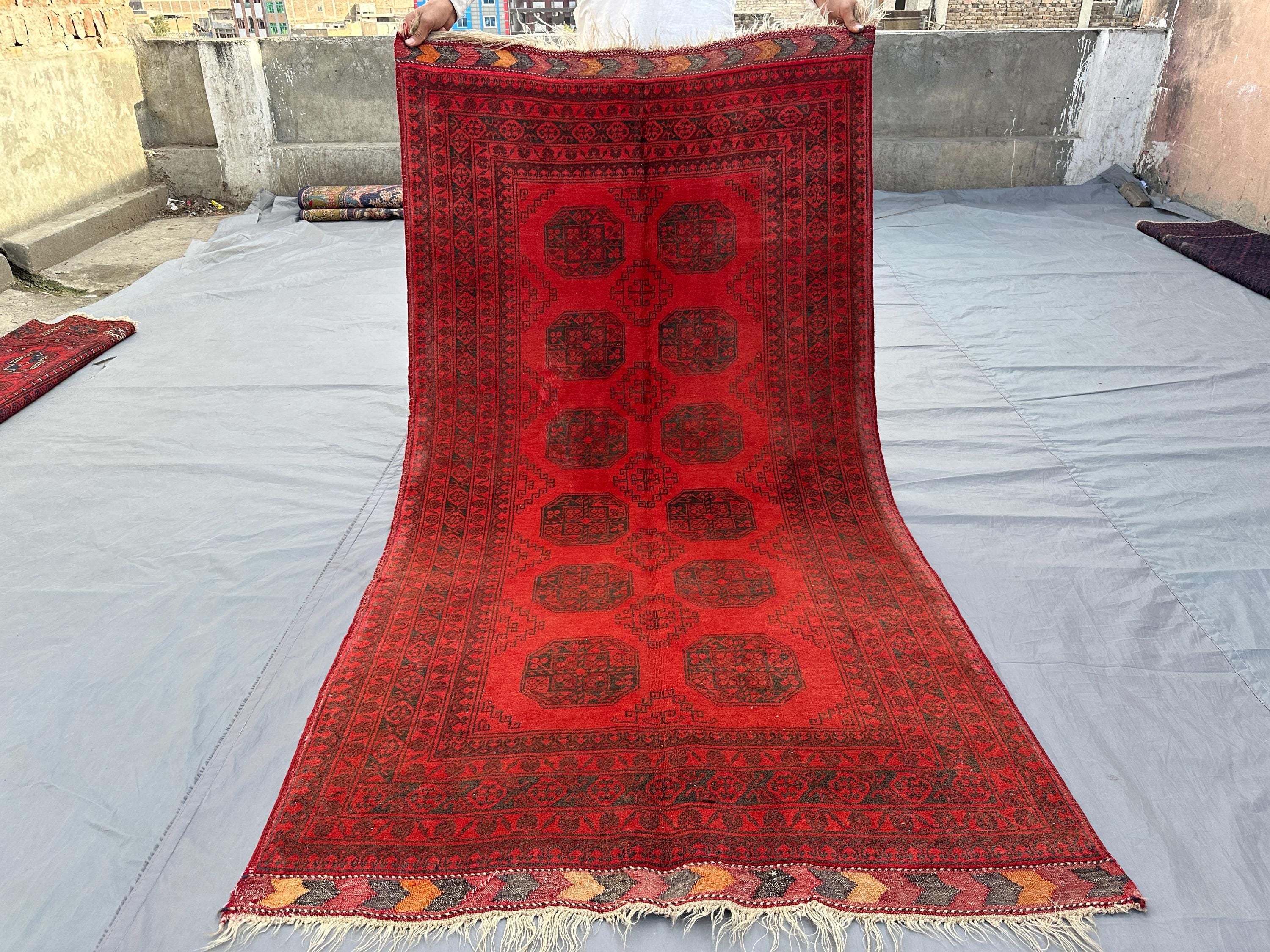 3x6 Afghan Bokhara Rug | Hand Knotted Tribal Wool Carpet | Elephant Foot Turkoman Vintage Rug | Red Area Rug for Entryway Decor, Kitchen rug