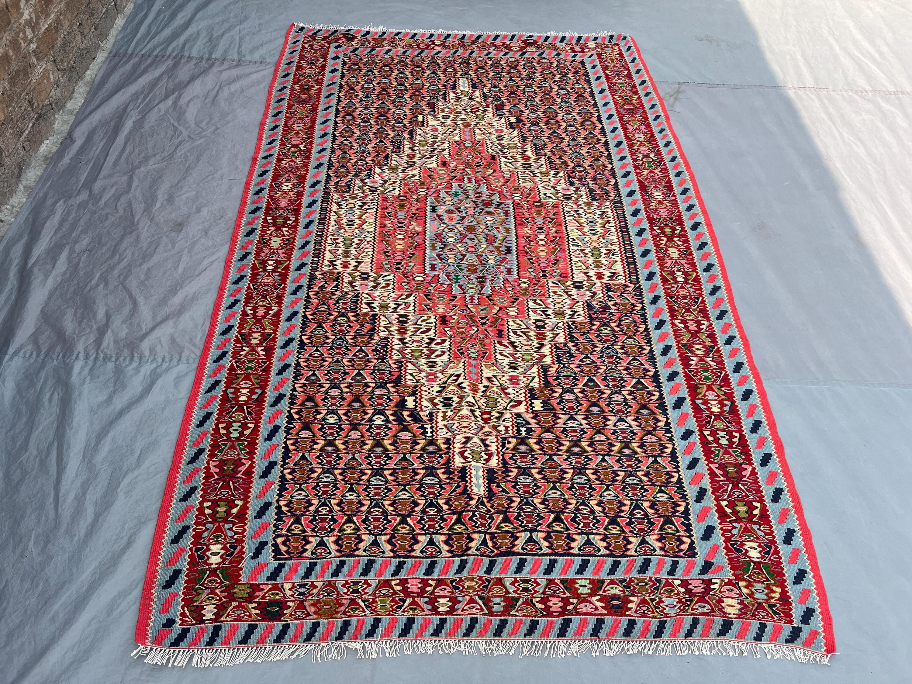 5x8 Ft Vintage Afghan Kilim Handwoven Wool Flatweave Central Ivory Spine Boteh Red Navy Pink Multicolor Area Rug | Living Room Bedroom Decor