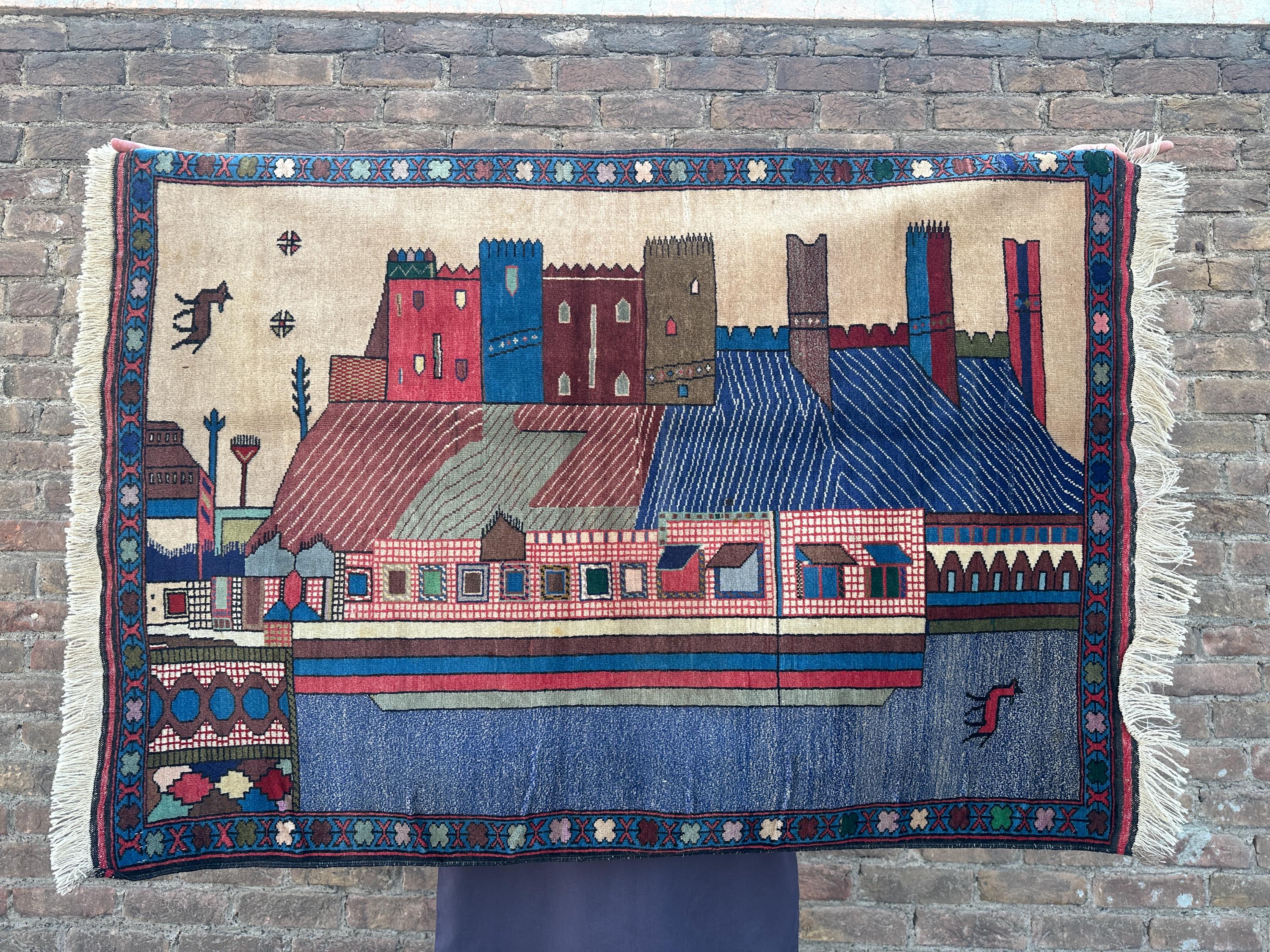 Antique Afghan Baluch Tribal Rug - 3'1"x4'5" Pictorial City Design, Faded Turkmen Style, Handwoven Wall Hangin