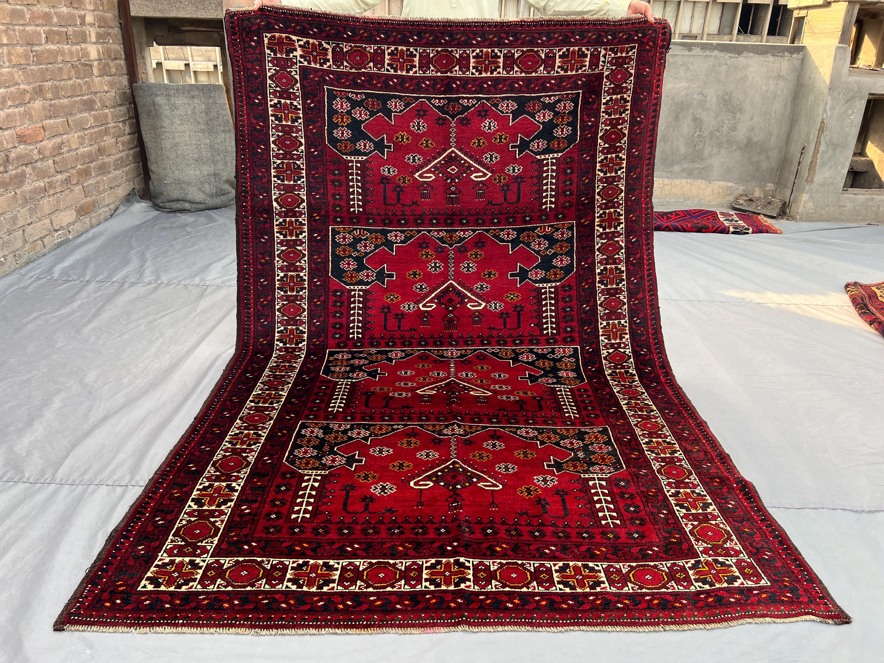 5x8 Vintage Turkmen Ersari Rug, Afghan Hand Knotted Wool Carpet, Geometric Tribal Design, Soft Pile Area Rug, Boho Bedroom Decor, Floor Rug