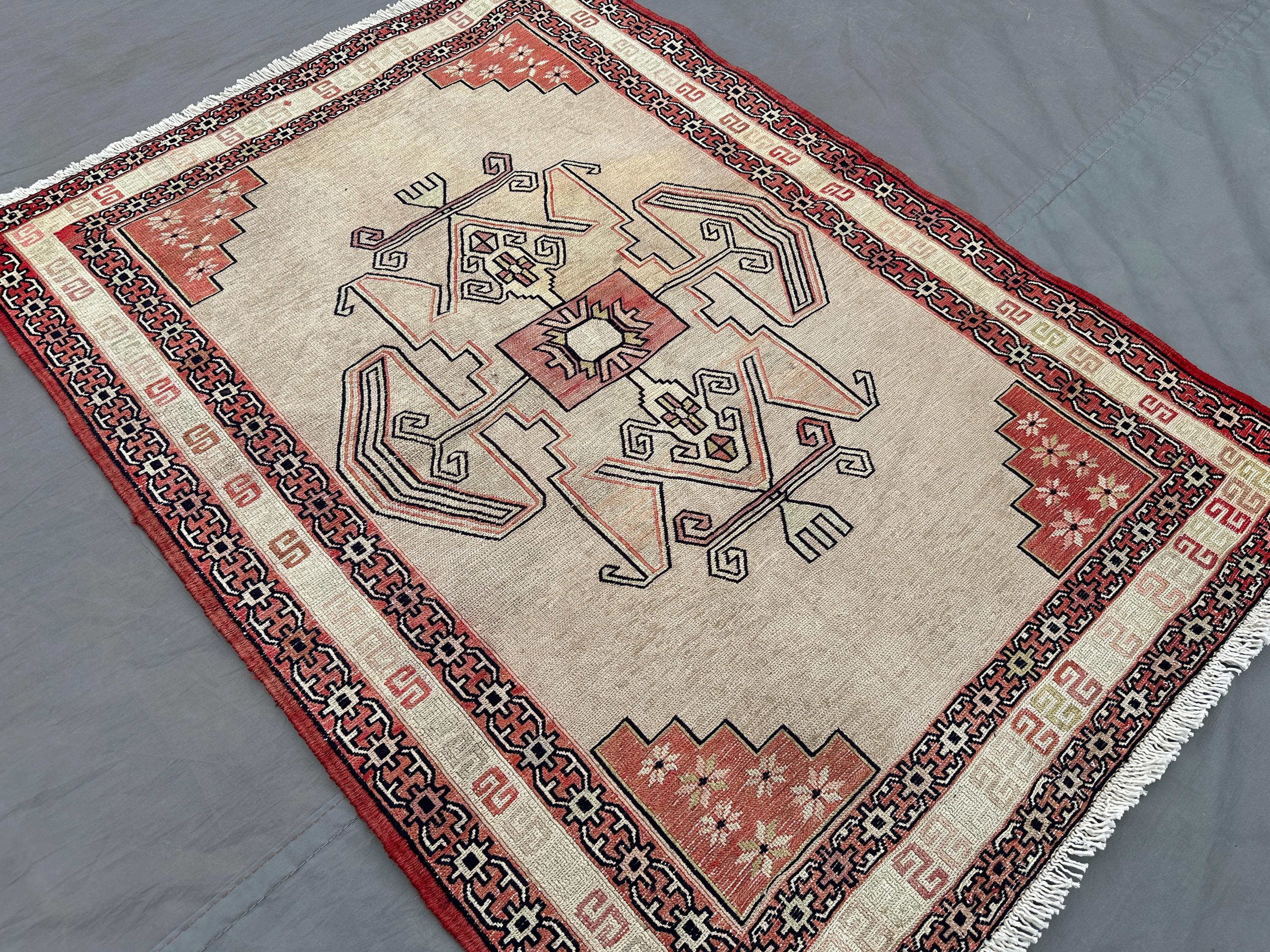 2'5x3'2 ft Vintage Afghan Sumak Rug | Handmade Silky Wool Accent Carpet | Red Beige Tribal Pattern | Boho Ethn