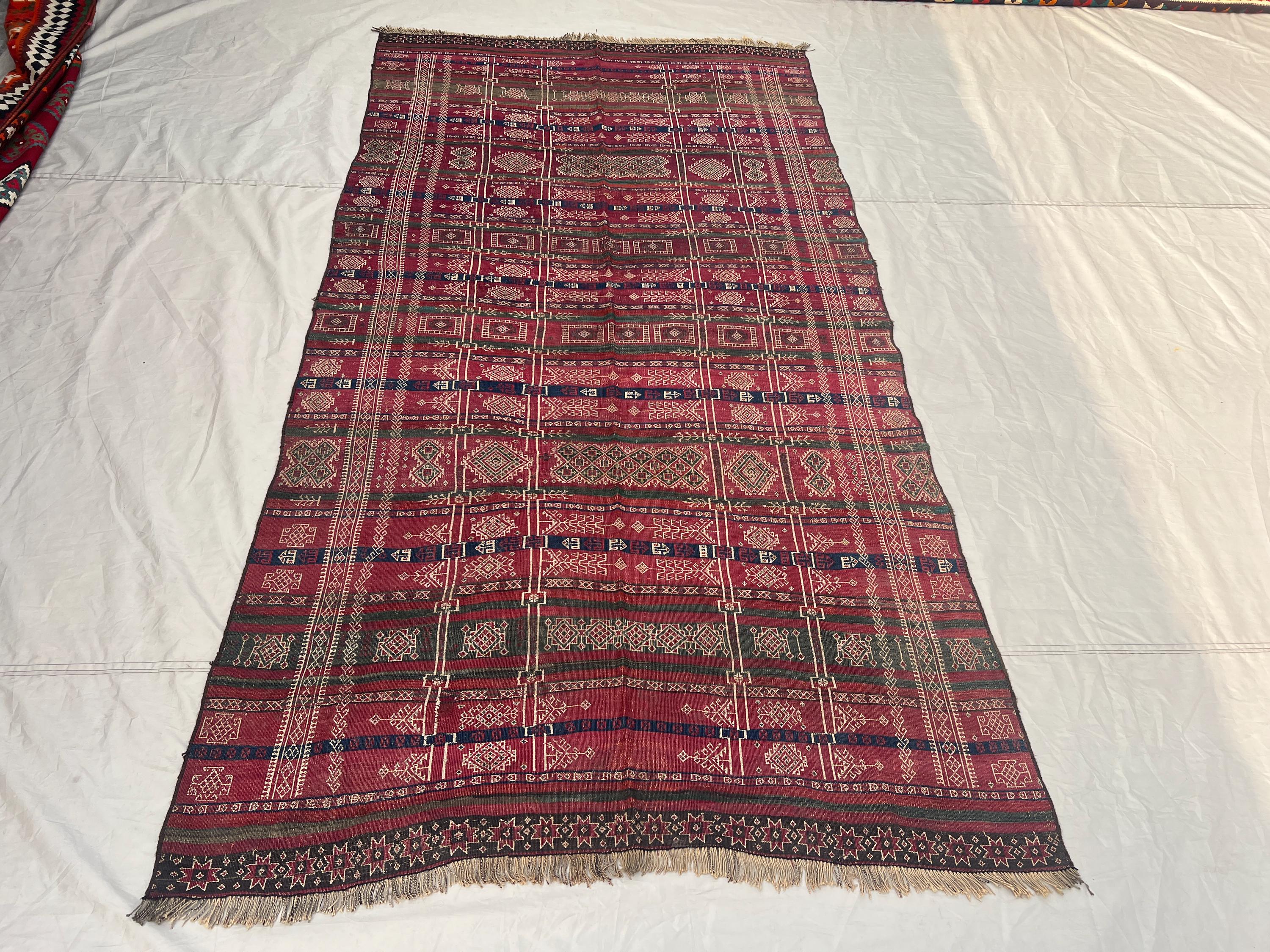 4'7x8'11 ft Vintage Afghan Tribal Kilim | Vertical Column Grid Geometric Flat Weave | Deep Red Olive Green Navy | Boho Runner Kilim