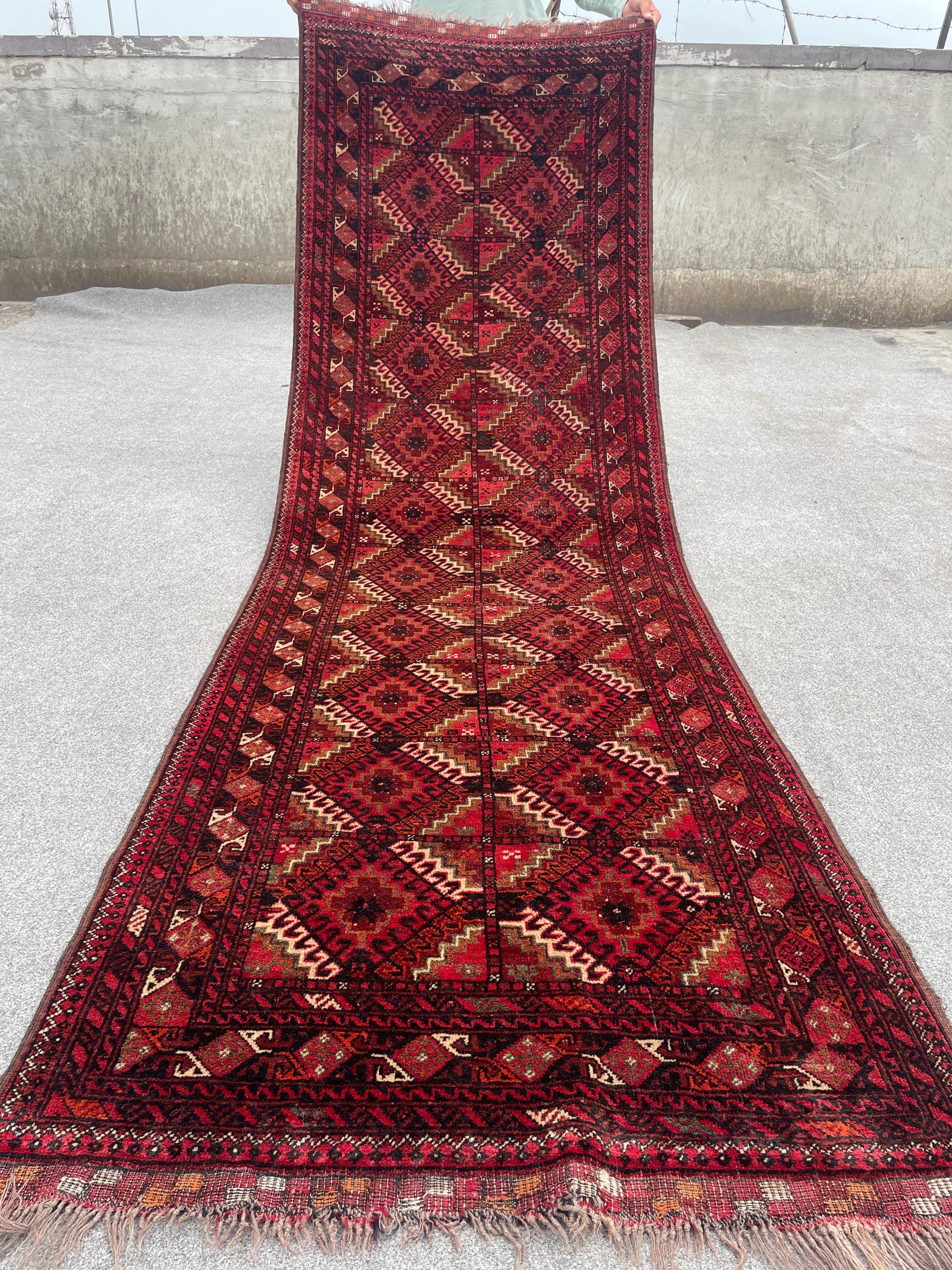 Antique Turkmen Tribal Runner Rug | 3x9'1 ft | Hand-Knotted Wool | Geometric Bukhara Design | Hallway Carpet | Handmade Afghan Rug, Kitchen