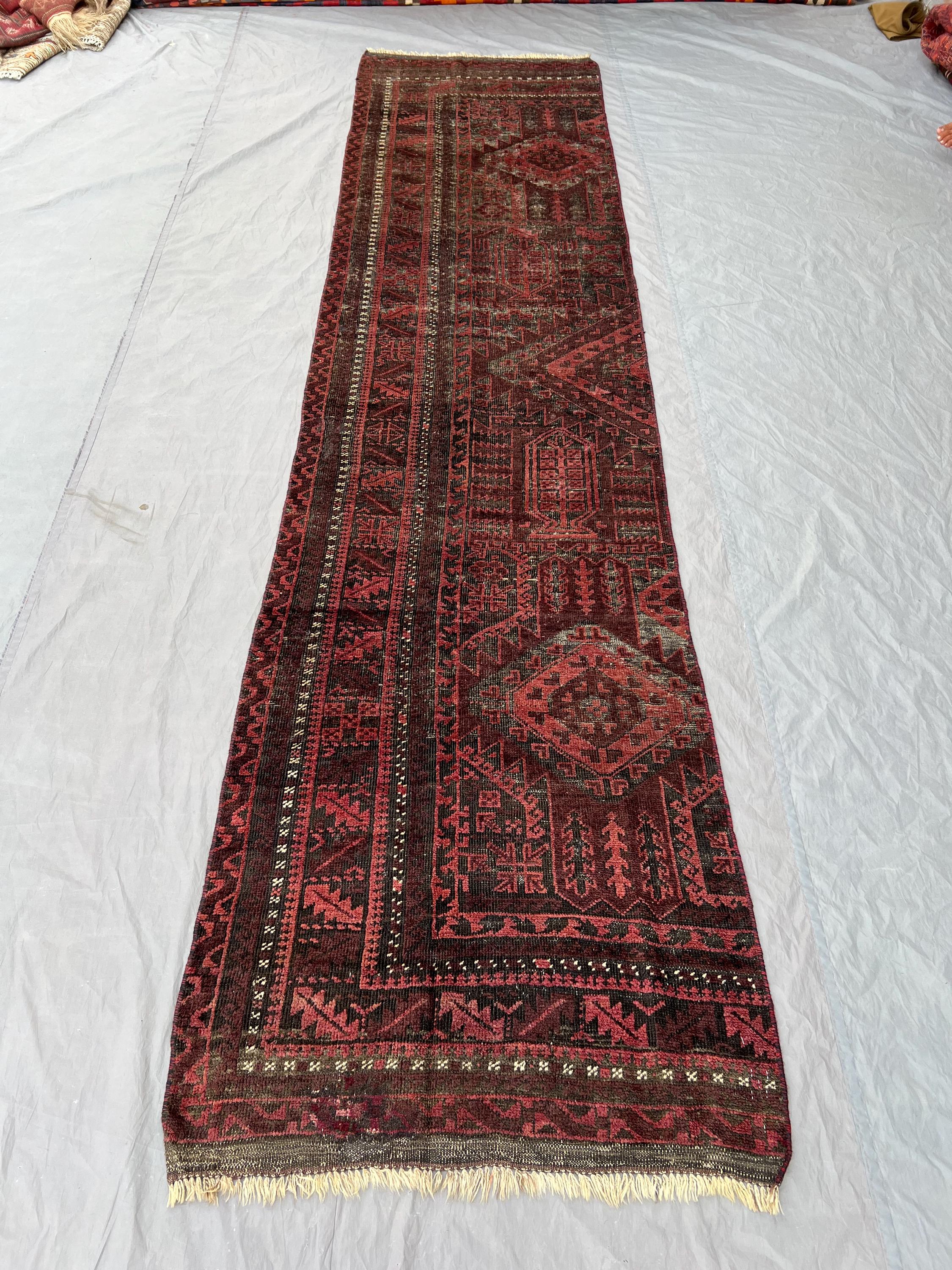 Afghan Hand-Knotted Vintage Low-Pile Distressed Runner – 2.11 x 12.4 ft One of a Kind Balochi Design Large Area Rug | Hallway & Entryway rug