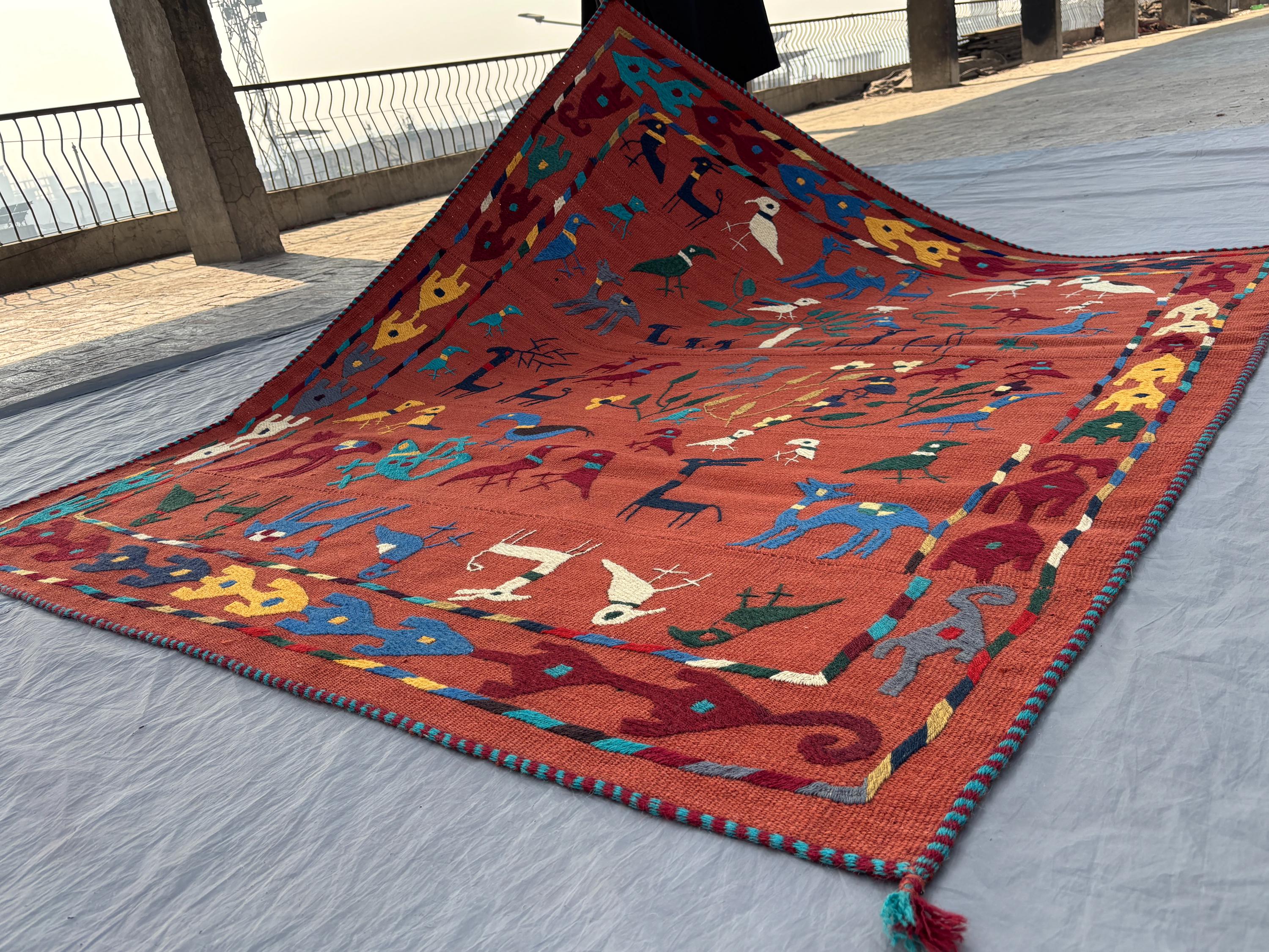 5 x 6 Ft Afghan Hand-Woven Vintage Flat Weave Kilim One of a Kind Luxury Home Decor Patchwork Suzani Design Birds and Geometric Motifs