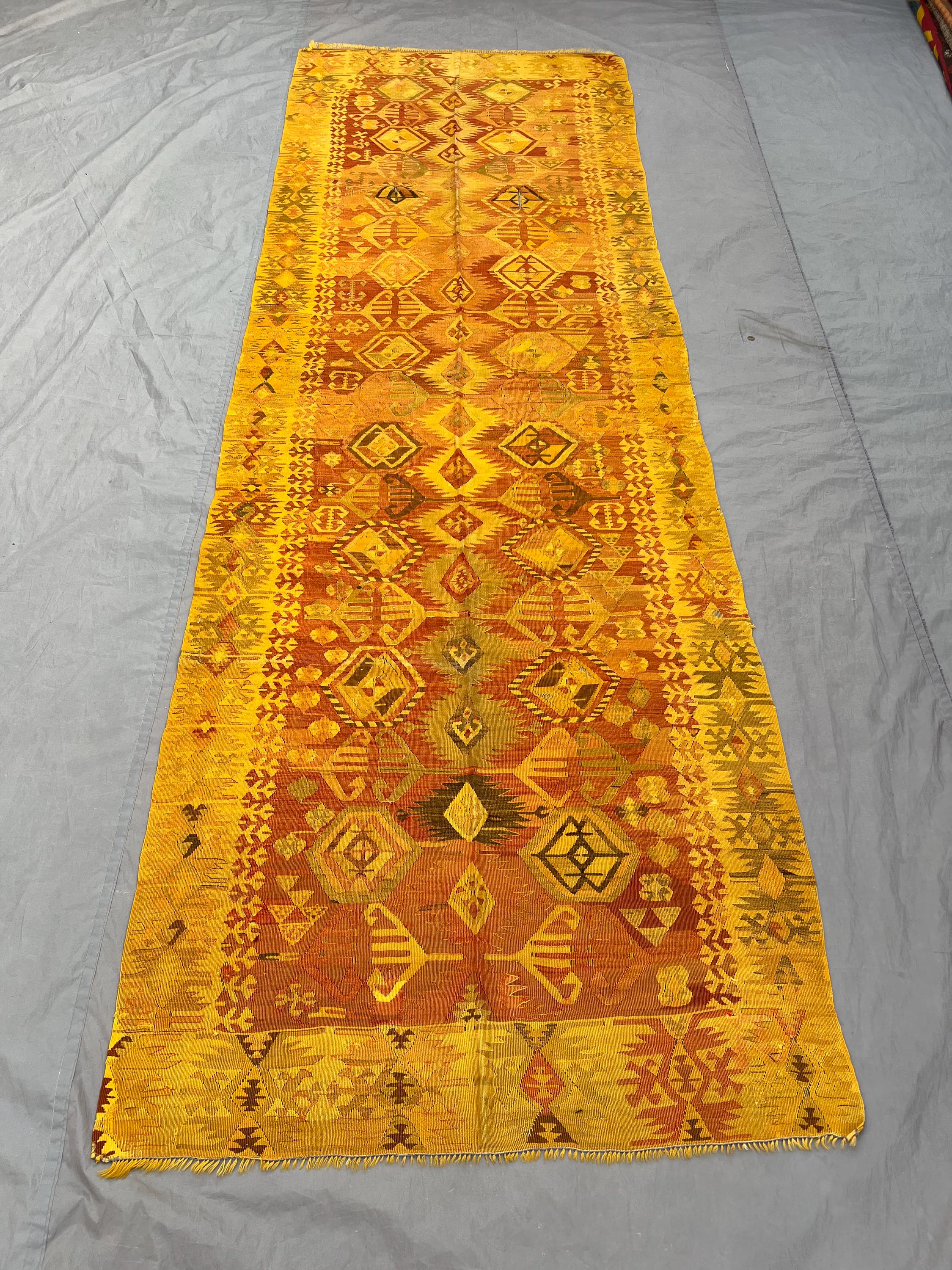 4 x 11 Turkish Hand-Woven Vintage Kilim Golden Faded Anatolian Design Rare Flat-Weave One-of-a-Kind Large Area Rug | Living room decor rug