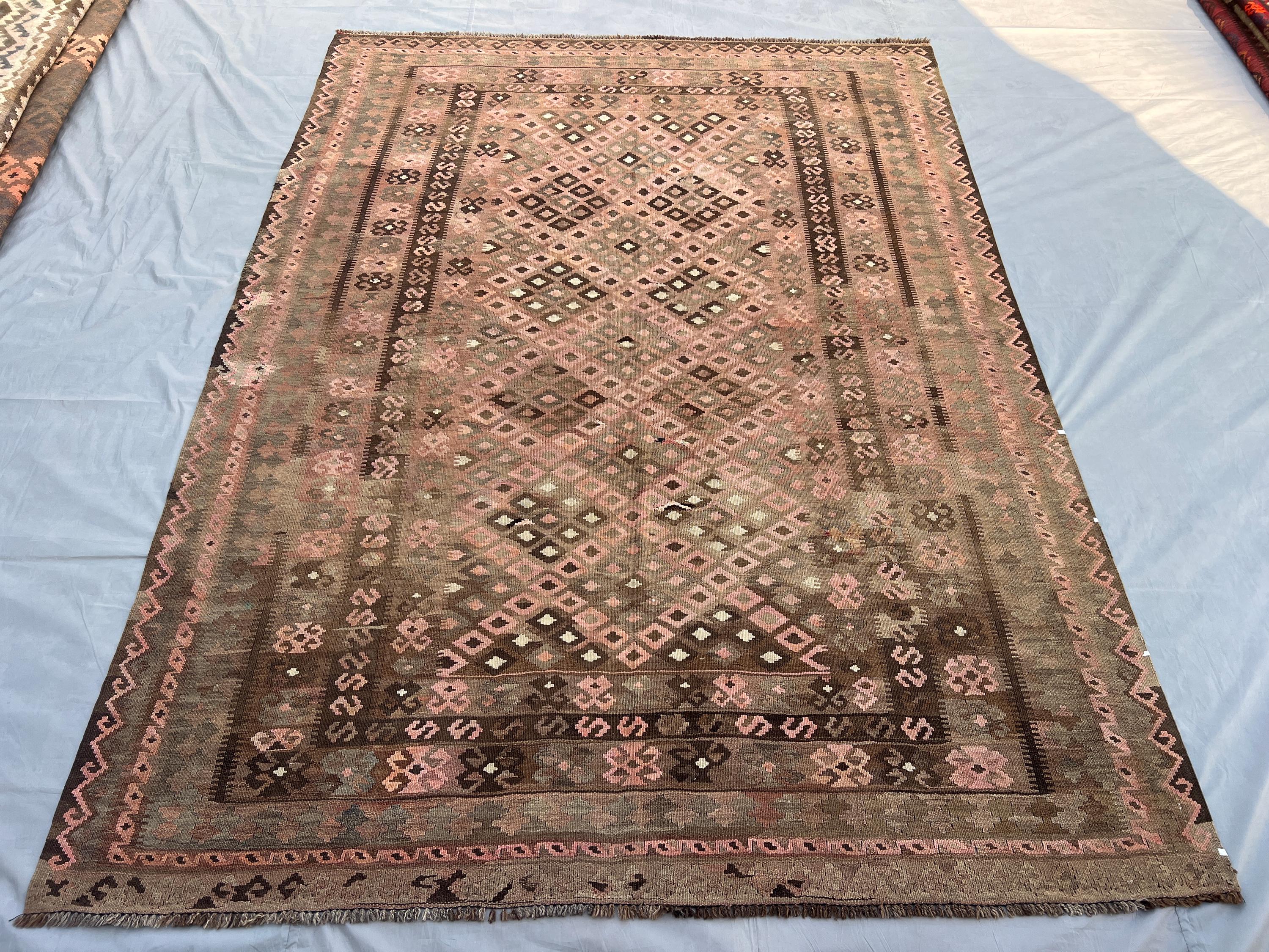 6.5x8.7 ft Afghan Flat Weave Rug, Turkmen Faded Kilim Rug, Handmade Turkish Style Kilim, Boho Area Rug, Vintag