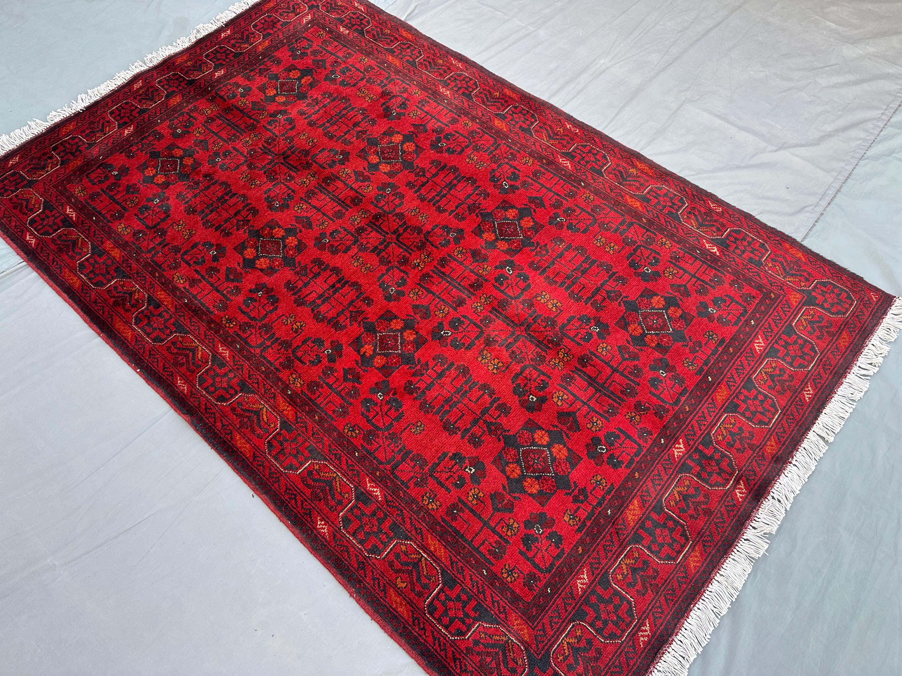 Afghan Tribal Rug 4'1x6'7 ft, High Quality, Handmade Bukhara Carpet | Bedroom Rug, Geometric Wool Rug | Tradit