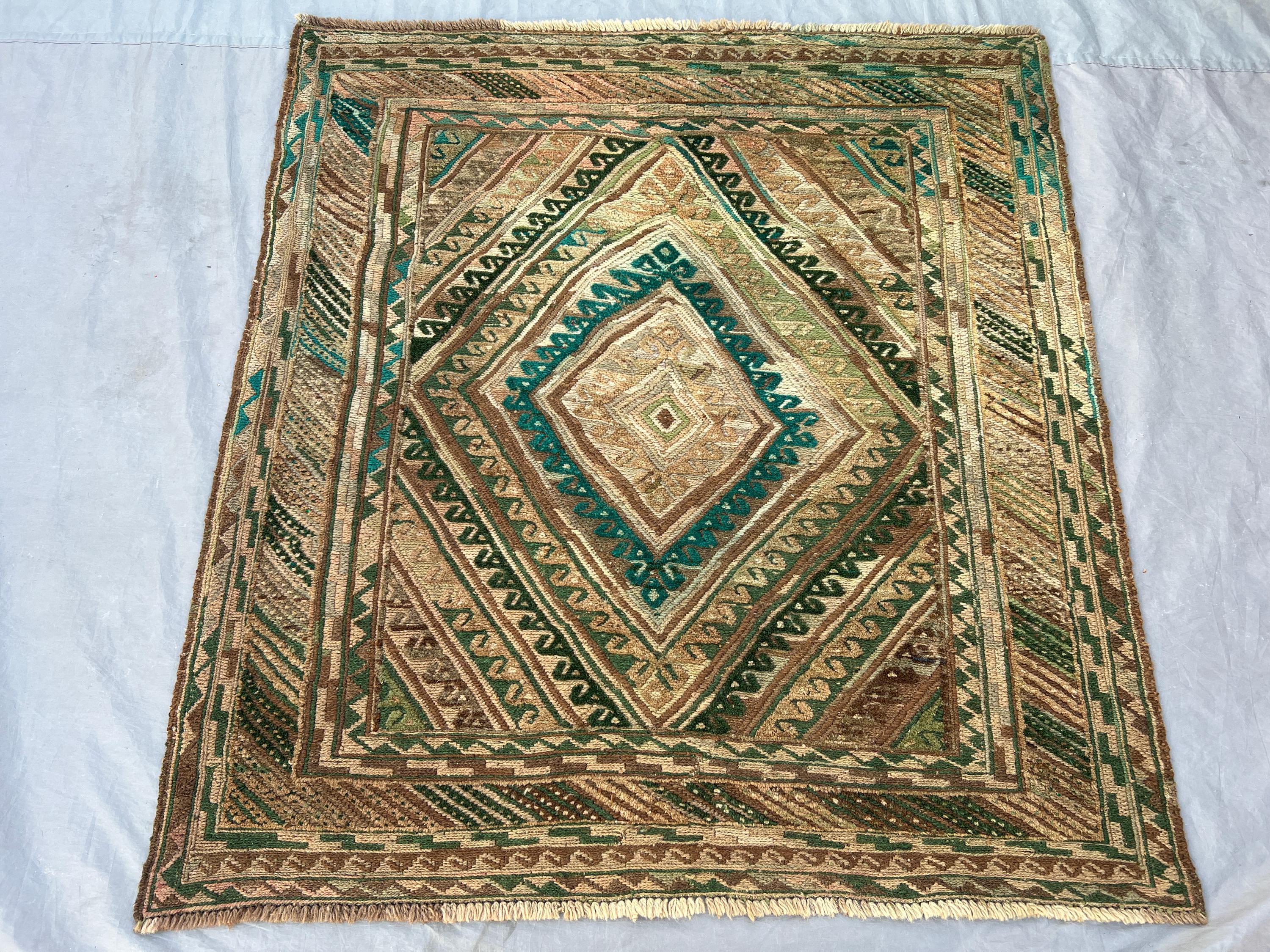 Vintage Afghan Baluchi Hand-Knotted Rug, 4x4'4 ft, Tribal Geometric, Boho Living Room, Soft Pile, Rare Decorat