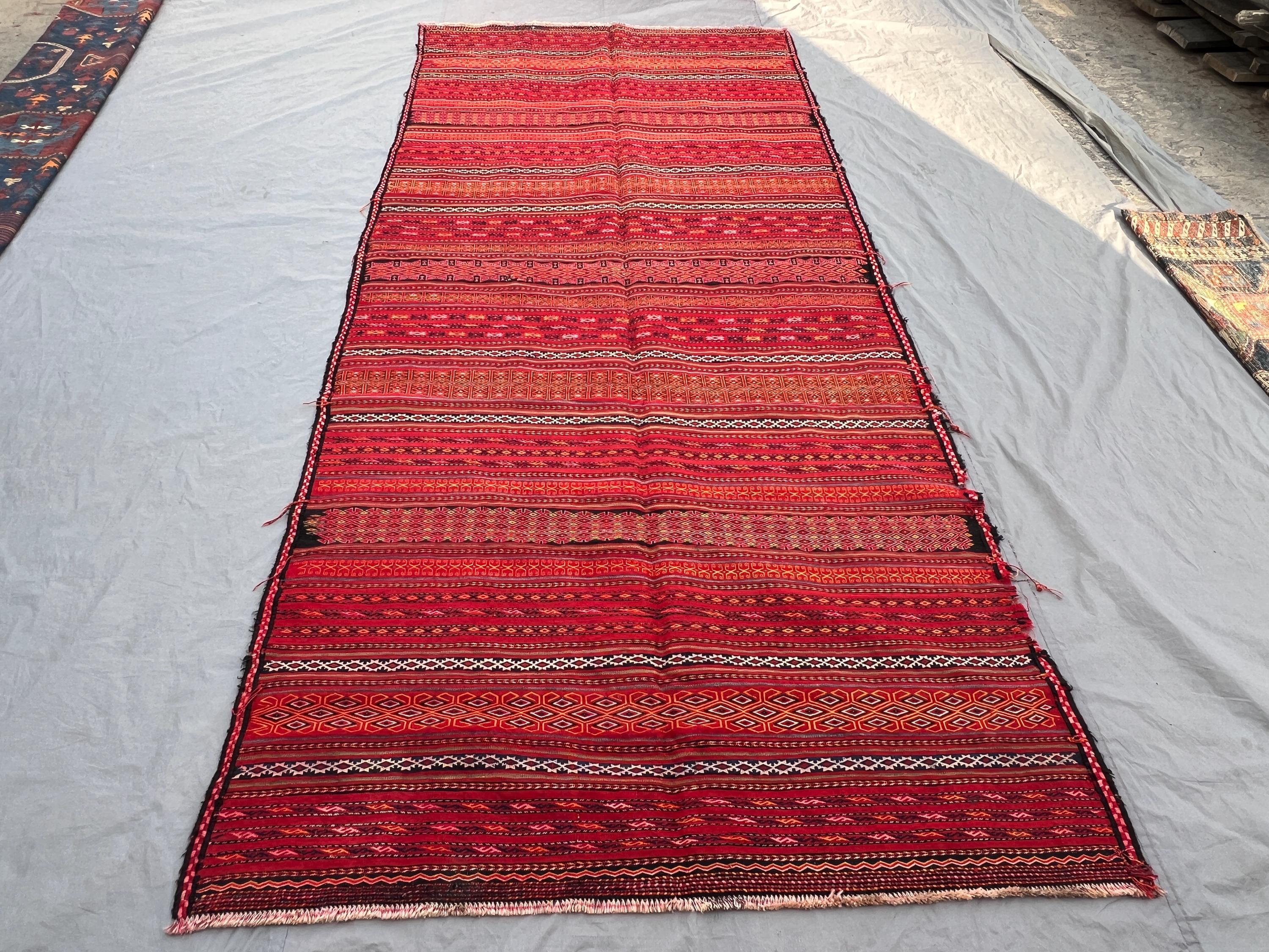 5'3"x11'8 Ft Vintage Afghan Baluchi Kilim Flat Weave Runner Rug, Soft Pile, Tribal Wool, Geometric Design, Uni